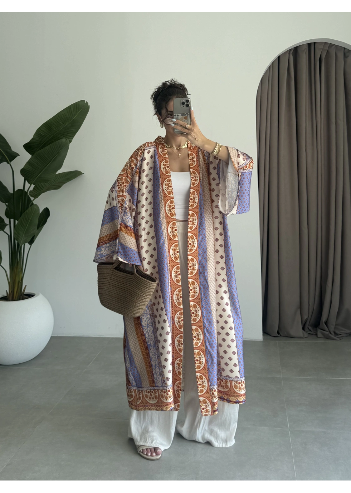 Saten İpek Desenli Kahve Kimono