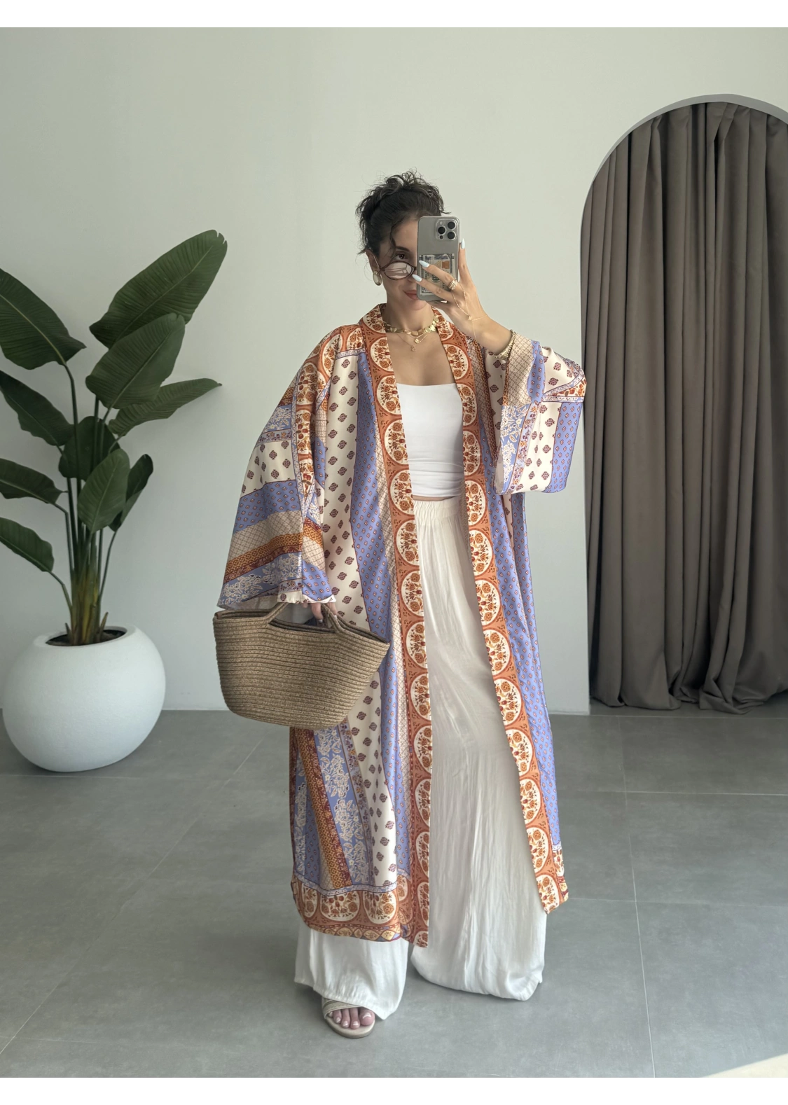 Saten İpek Desenli Kahve Kimono