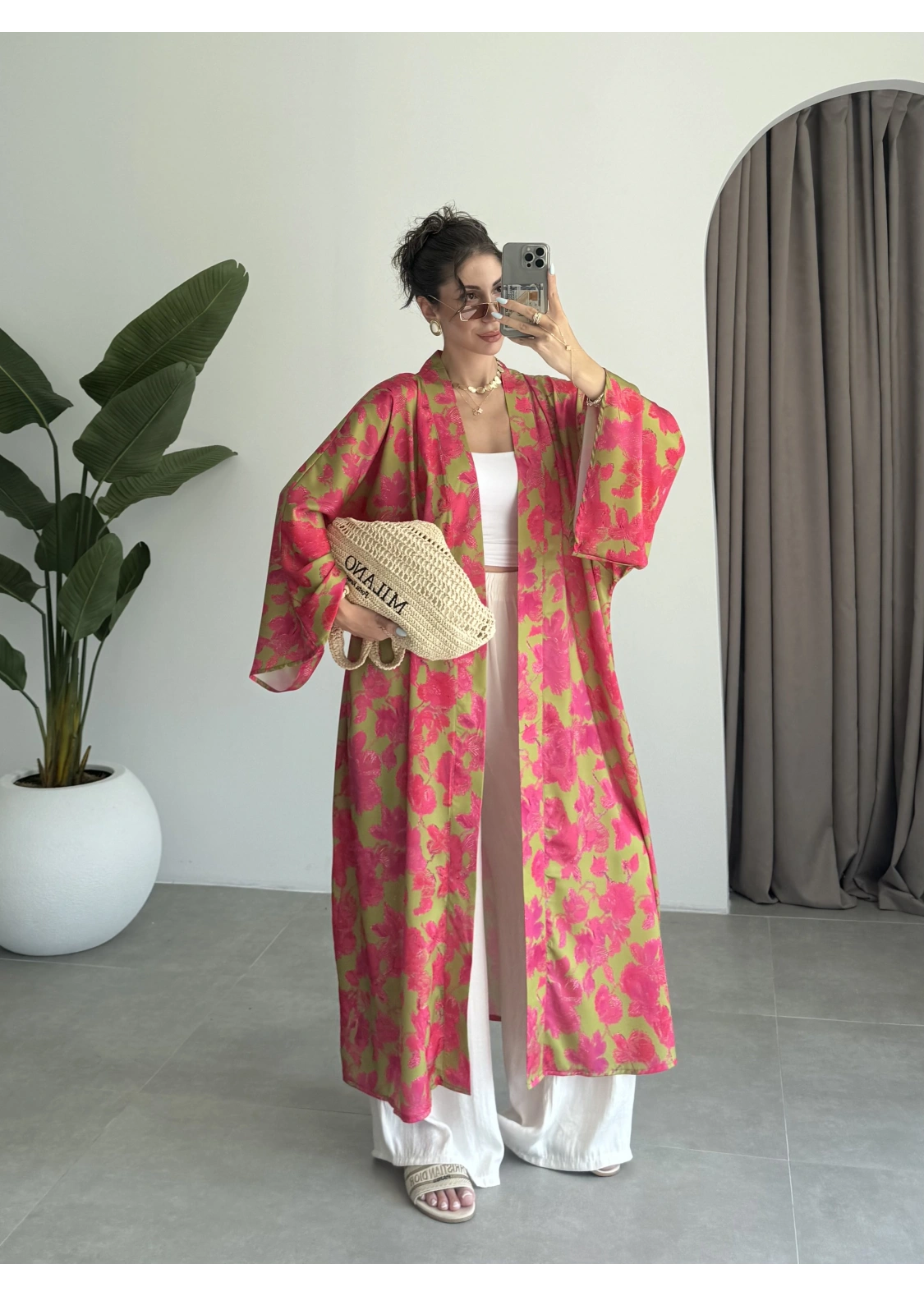 Saten İpek Desenli Pembe Kimono