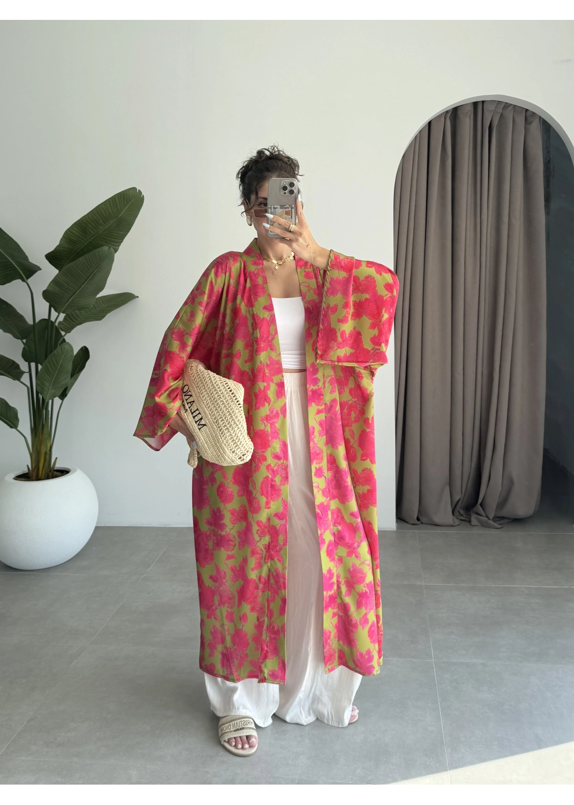Saten İpek Desenli Pembe Kimono