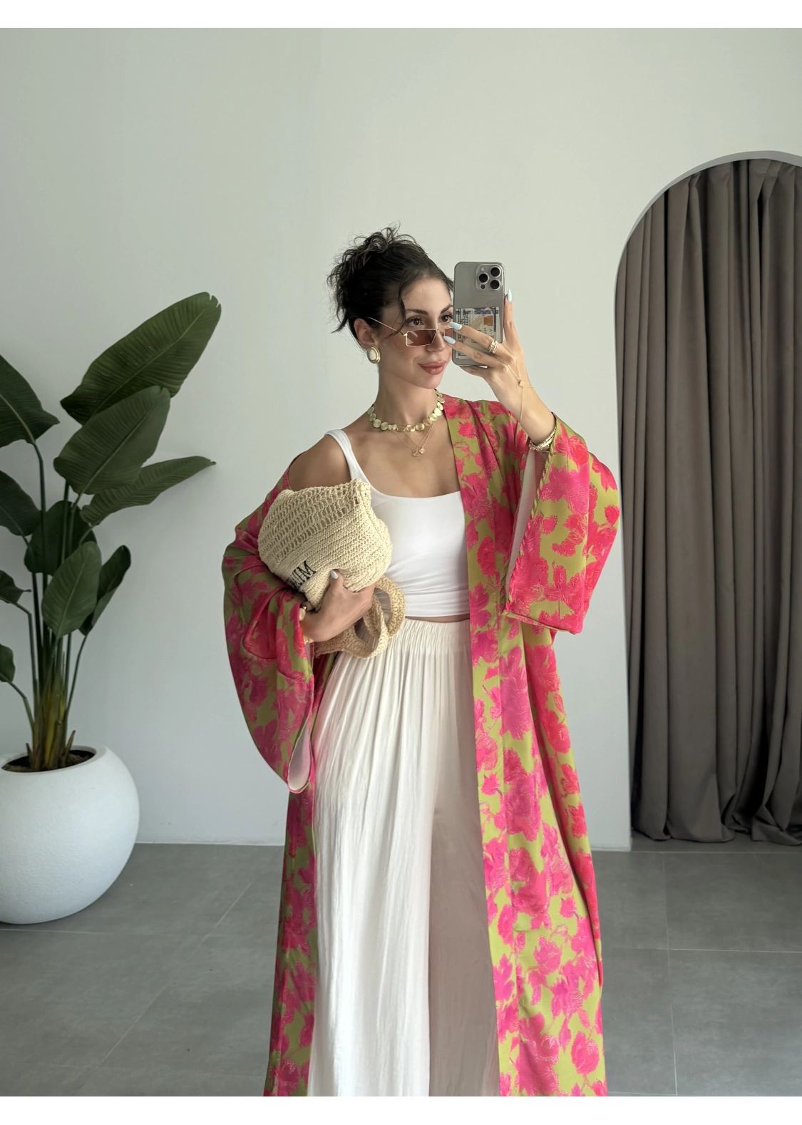 Saten İpek Desenli Pembe Kimono