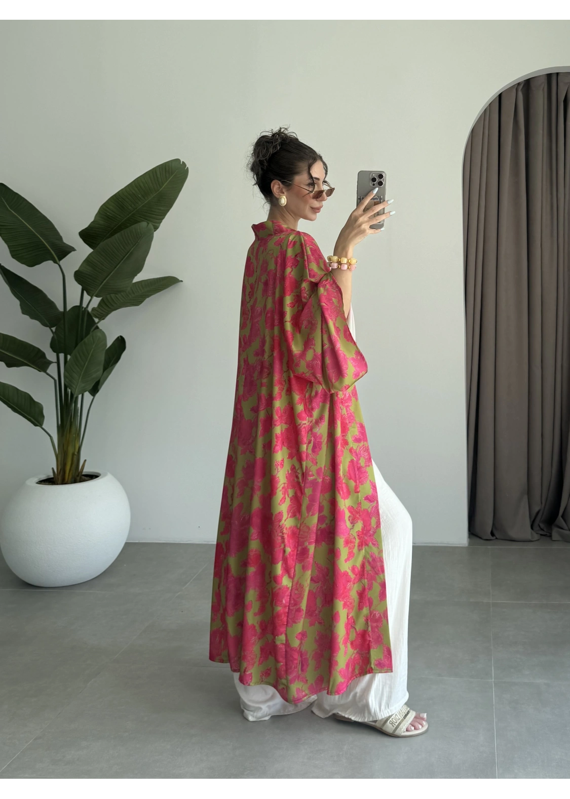 Saten İpek Desenli Pembe Kimono