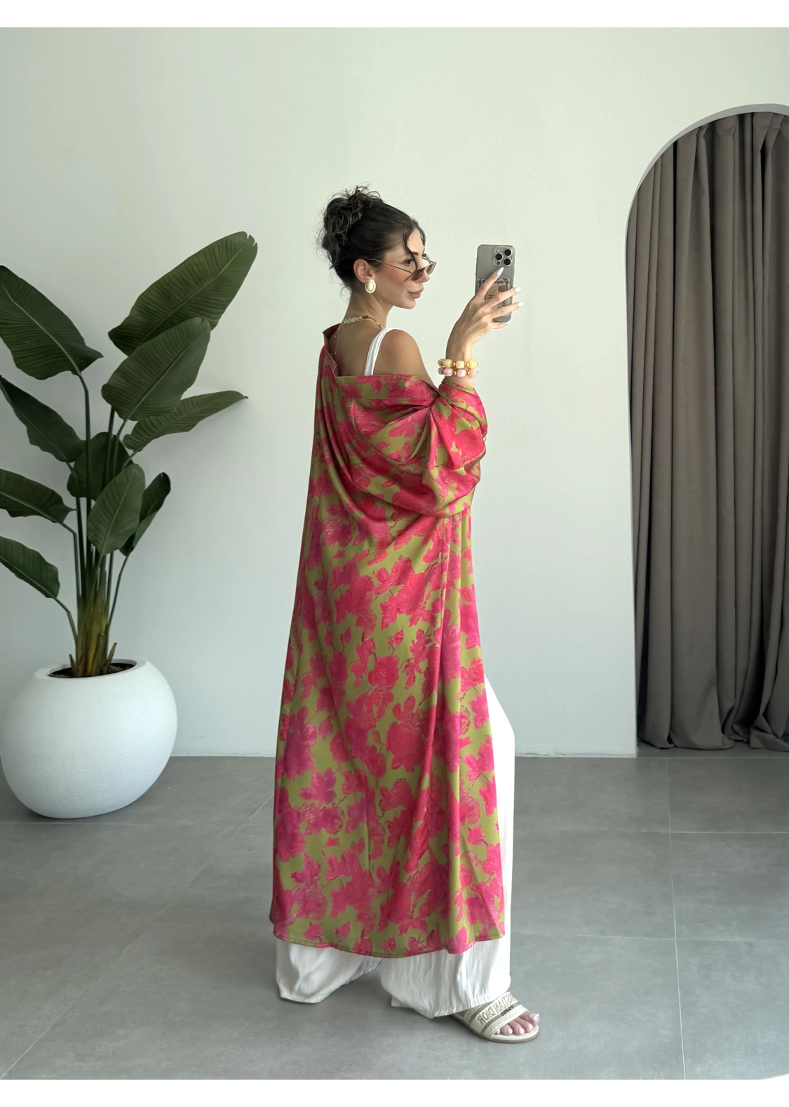 Saten İpek Desenli Pembe Kimono