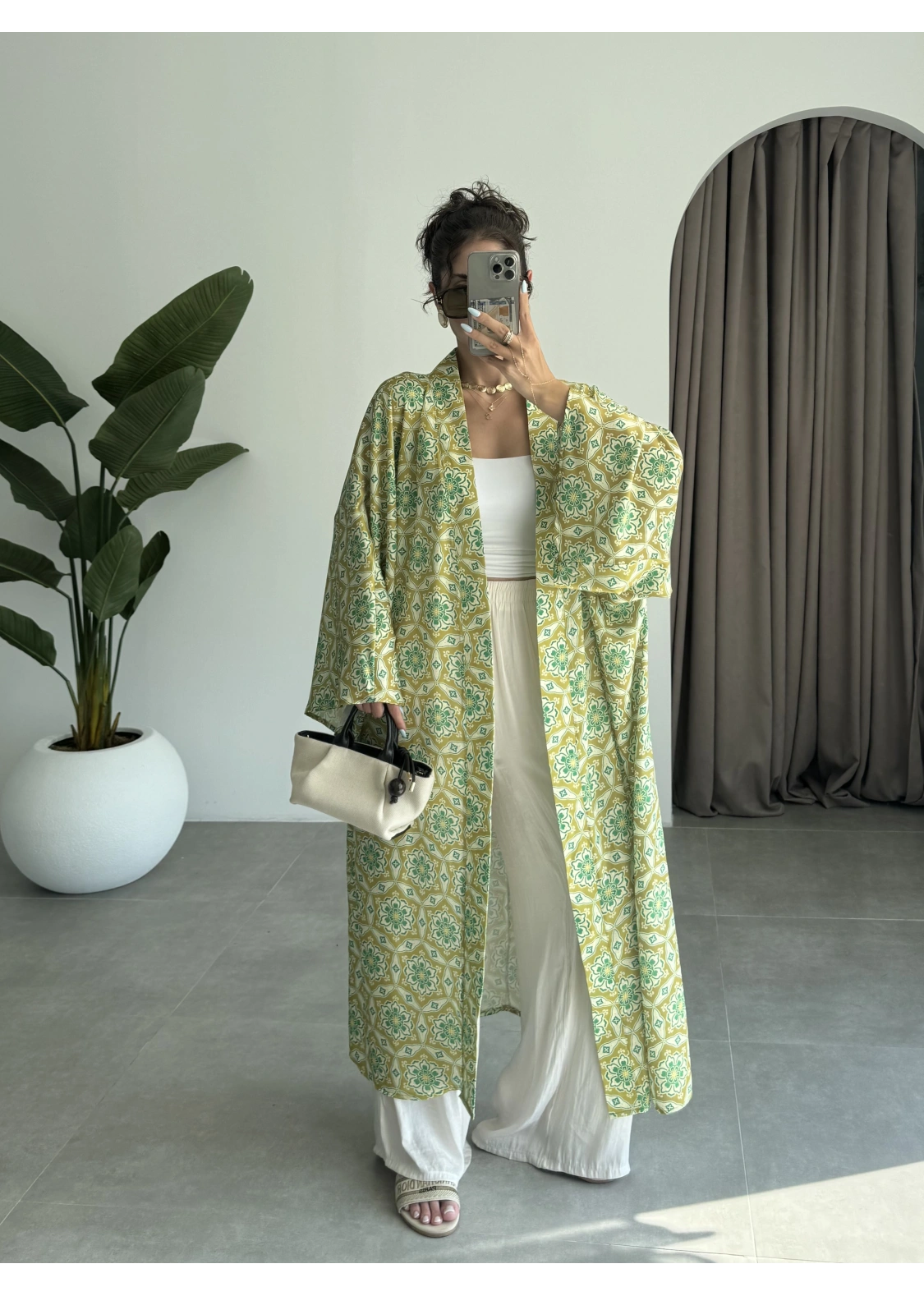 Saten İpek Desenli Yeşil Kimono