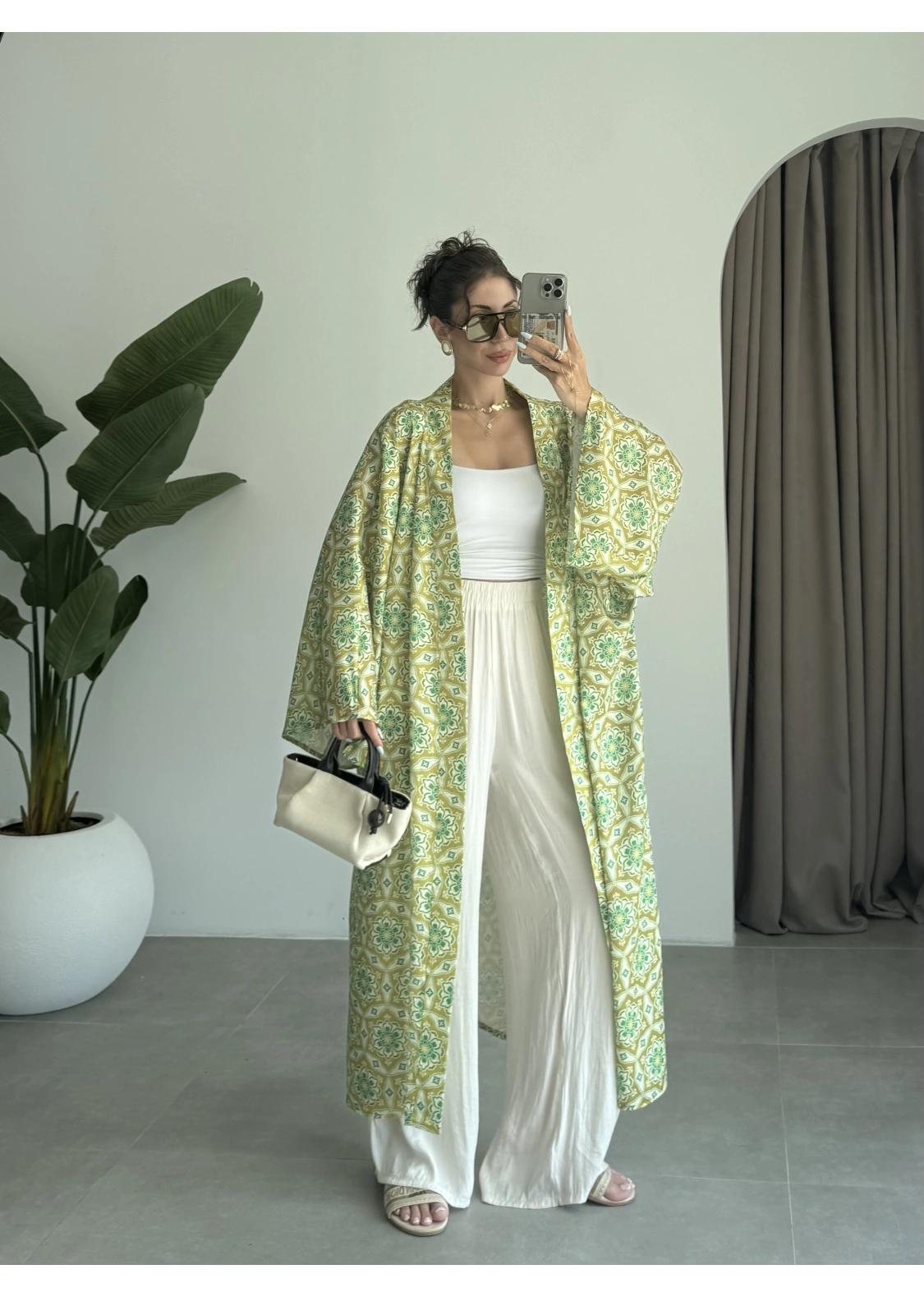 Saten İpek Desenli Yeşil Kimono