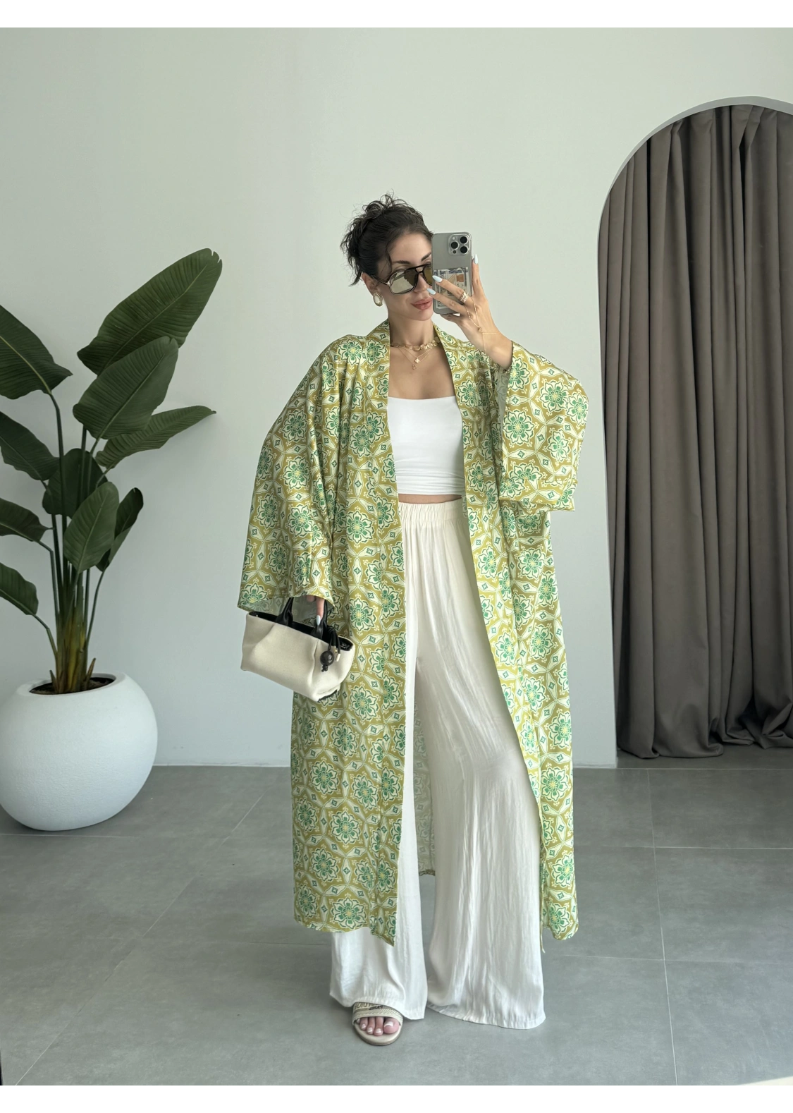 Saten İpek Desenli Yeşil Kimono