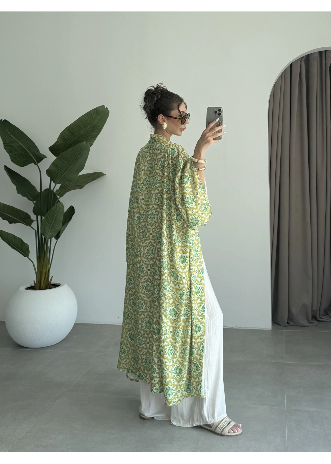 Saten İpek Desenli Yeşil Kimono