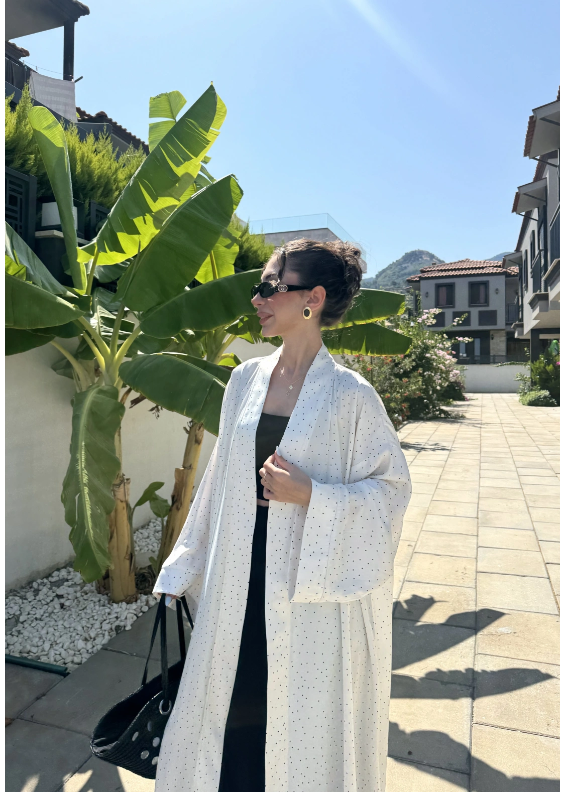 Saten Puantiyeli Uzun Beyaz Kimono