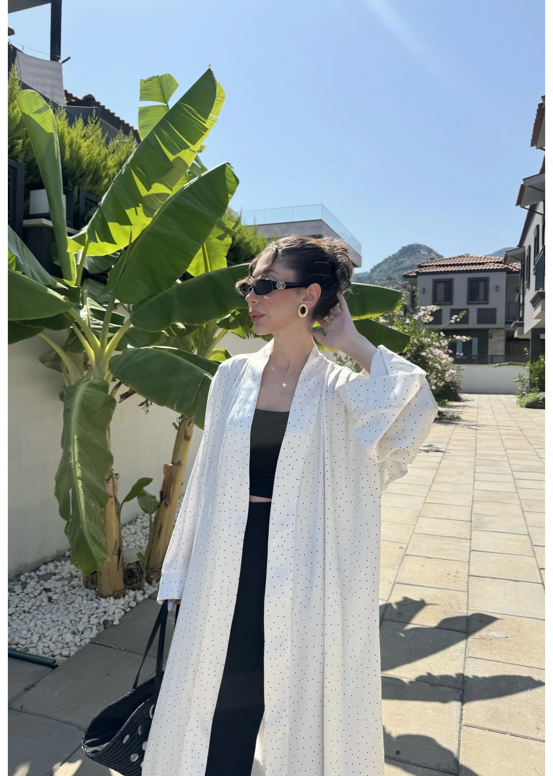Saten Puantiyeli Uzun Beyaz Kimono