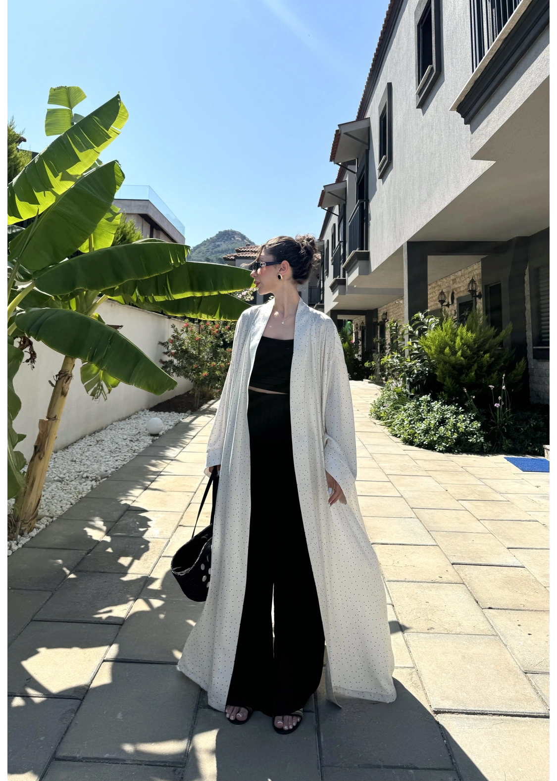 Saten Puantiyeli Uzun Beyaz Kimono