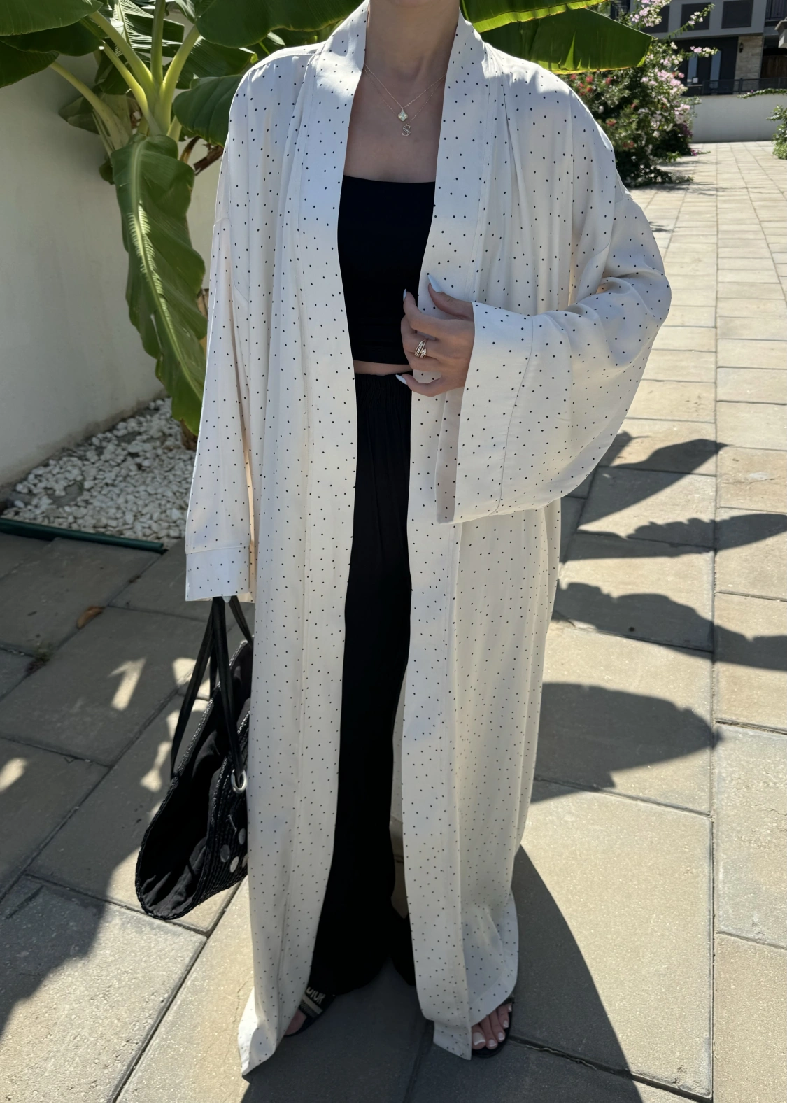 Saten Puantiyeli Uzun Beyaz Kimono