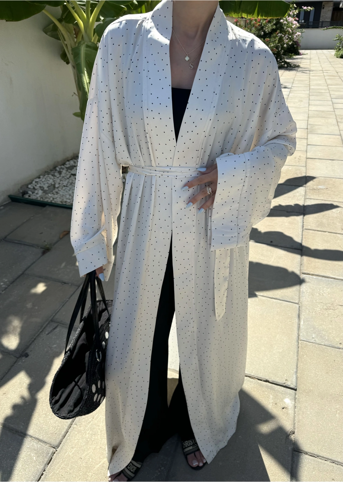 Saten Puantiyeli Uzun Beyaz Kimono