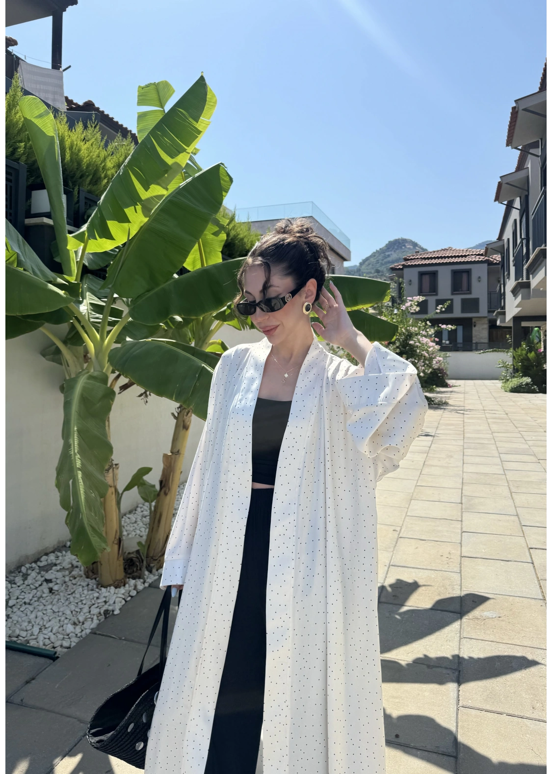 Saten Puantiyeli Uzun Beyaz Kimono