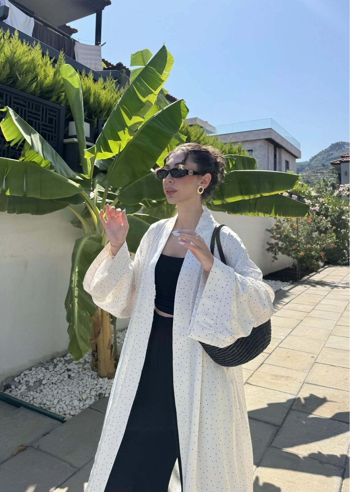 Saten Puantiyeli Uzun Beyaz Kimono