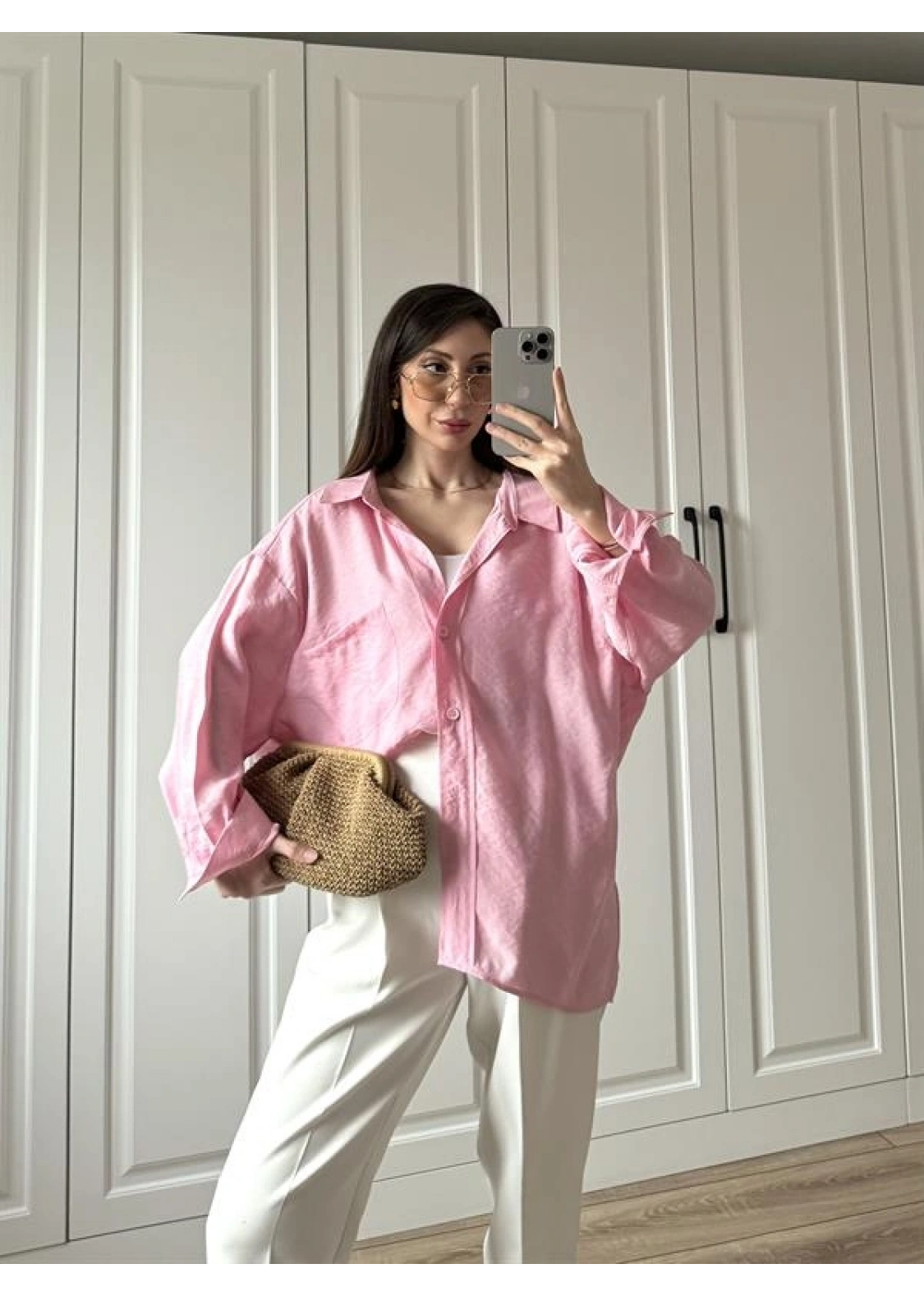 Şeker Pembesi Oversize Tensel Gömlek