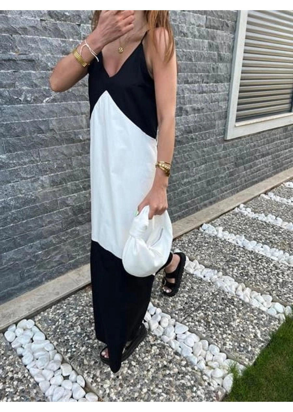 Siyah Beyaz Askılı Poplin Elbise