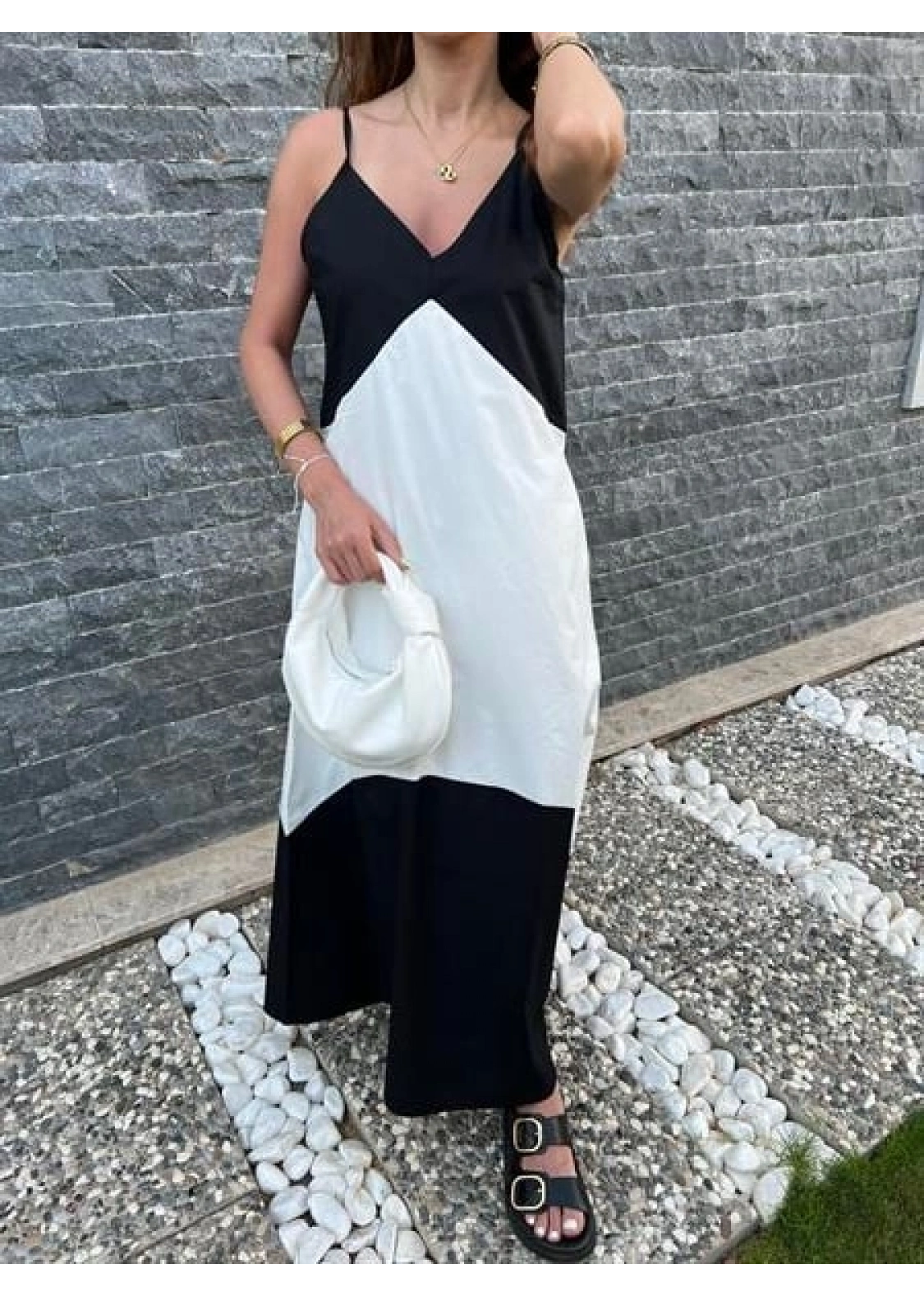 Siyah Beyaz Askılı Poplin Elbise