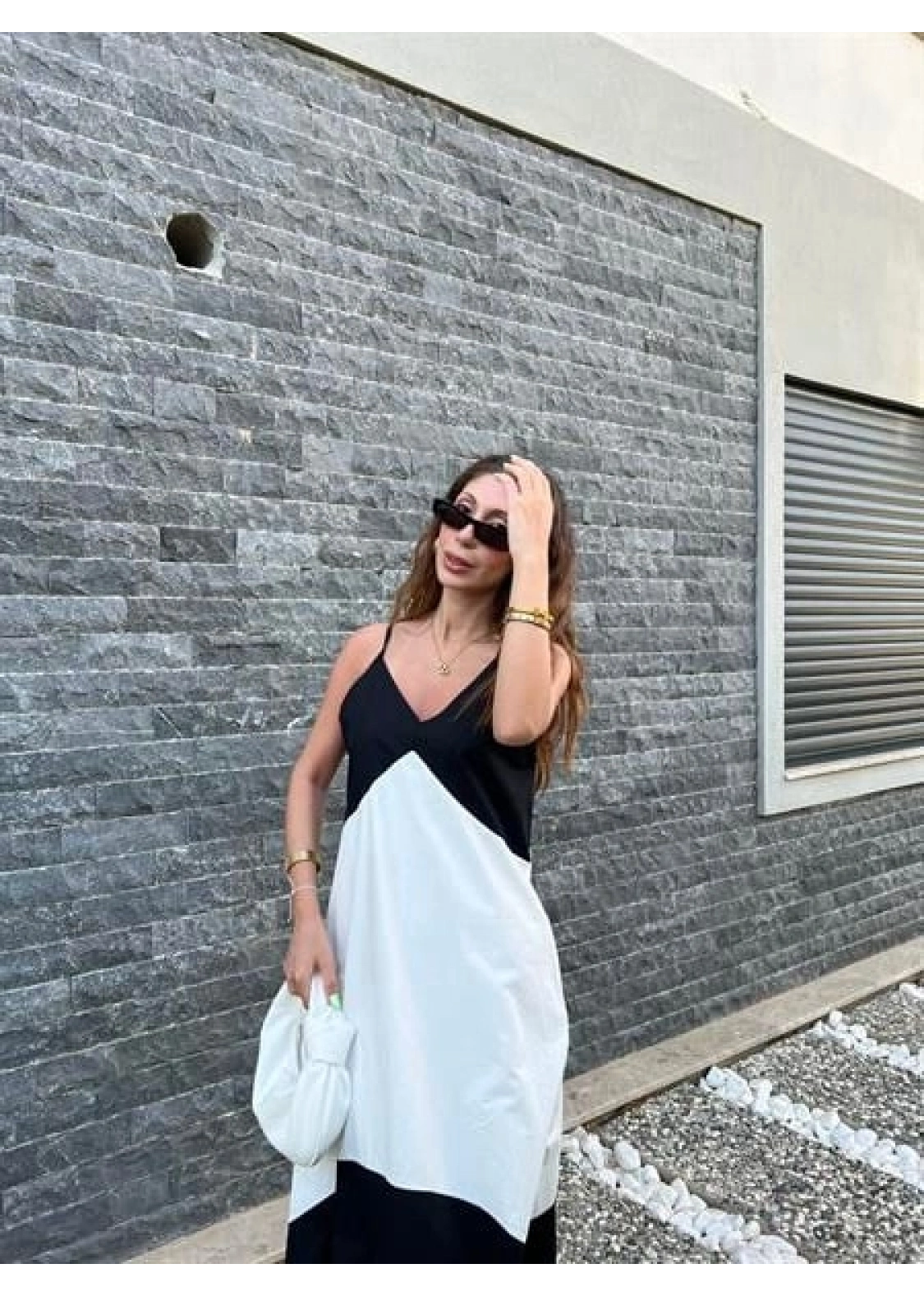 Siyah Beyaz Askılı Poplin Elbise