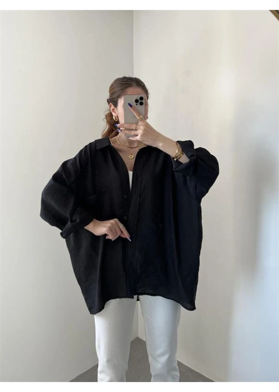Siyah Oversize Tensel Gömlek