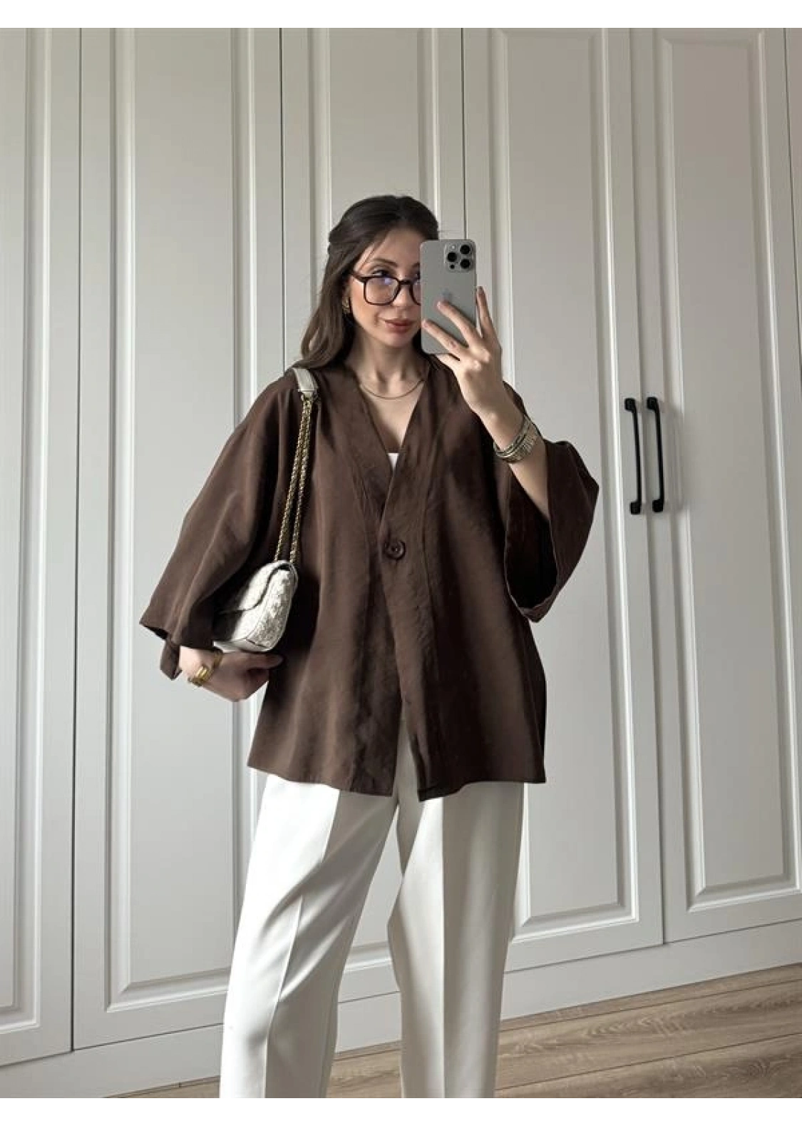 Sofi Düğmeli Oversize Kahve Tensel Gömlek Bluz