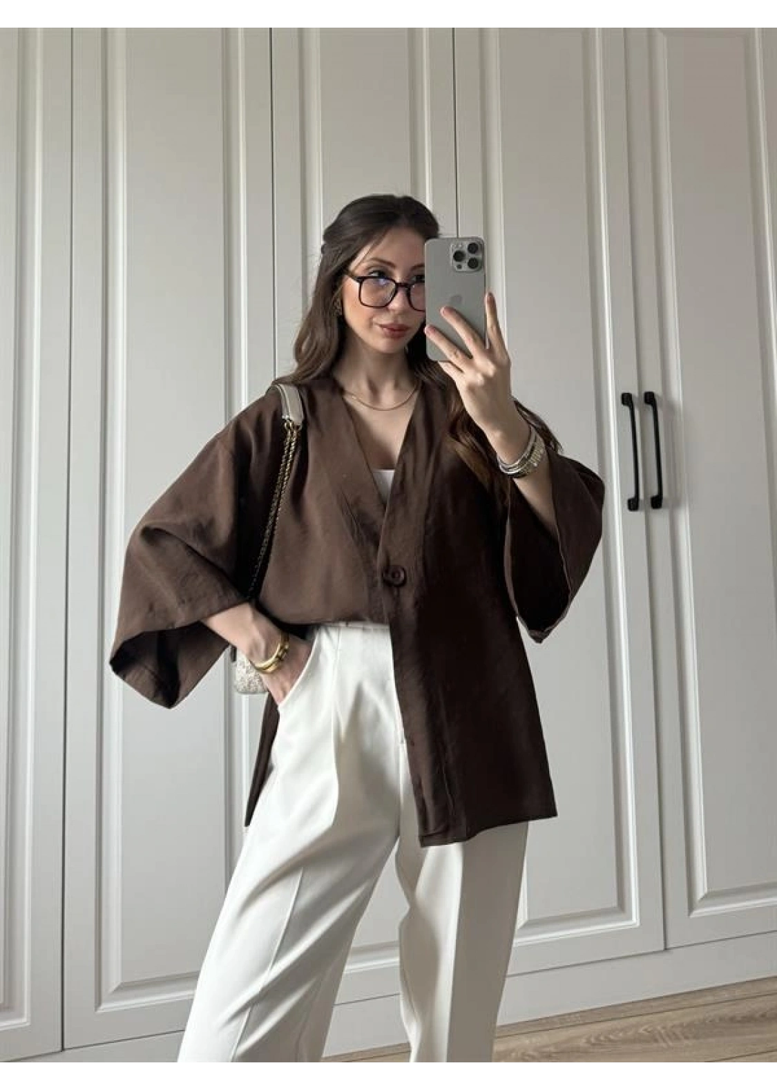 Sofi Düğmeli Oversize Kahve Tensel Gömlek Bluz