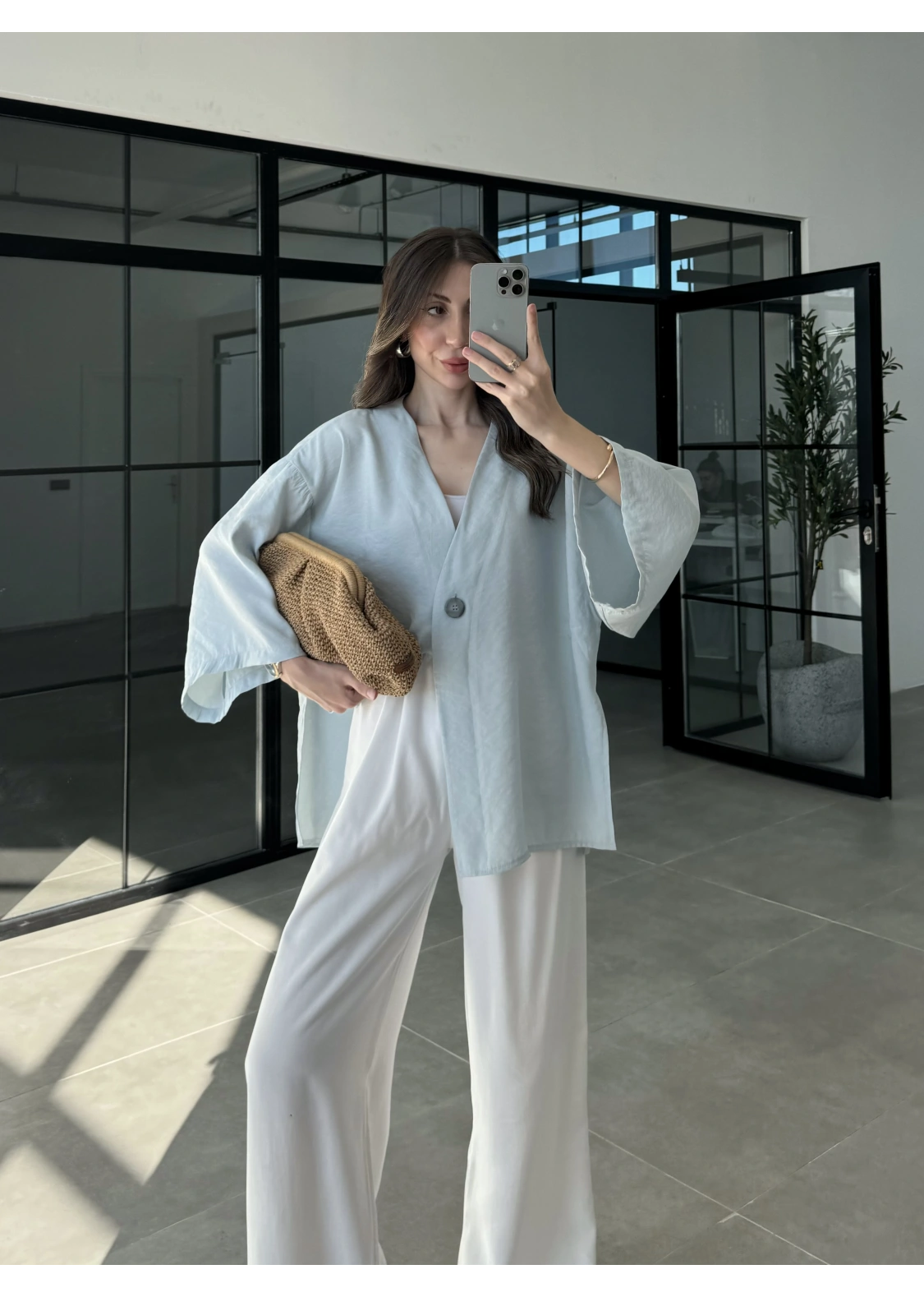 Sofi Tek Düğme Oversize Tensel Bebe Mavi Gömlek