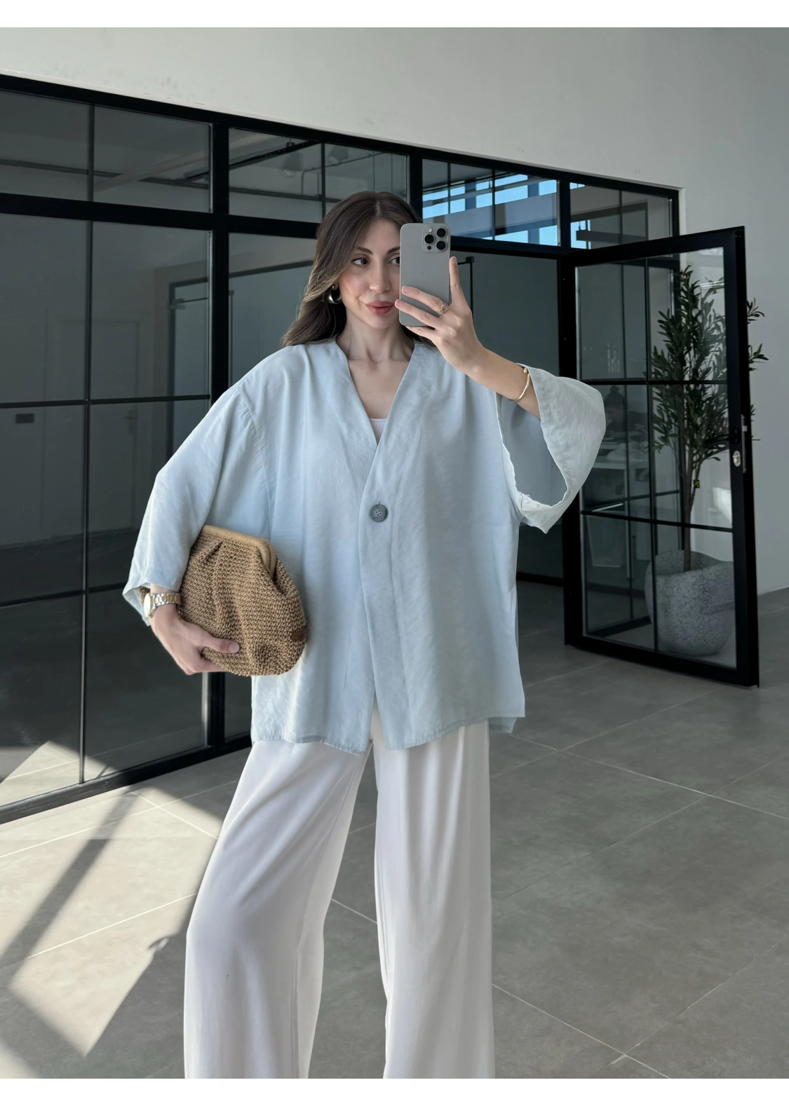 Sofi Tek Düğme Oversize Tensel Bebe Mavi Gömlek