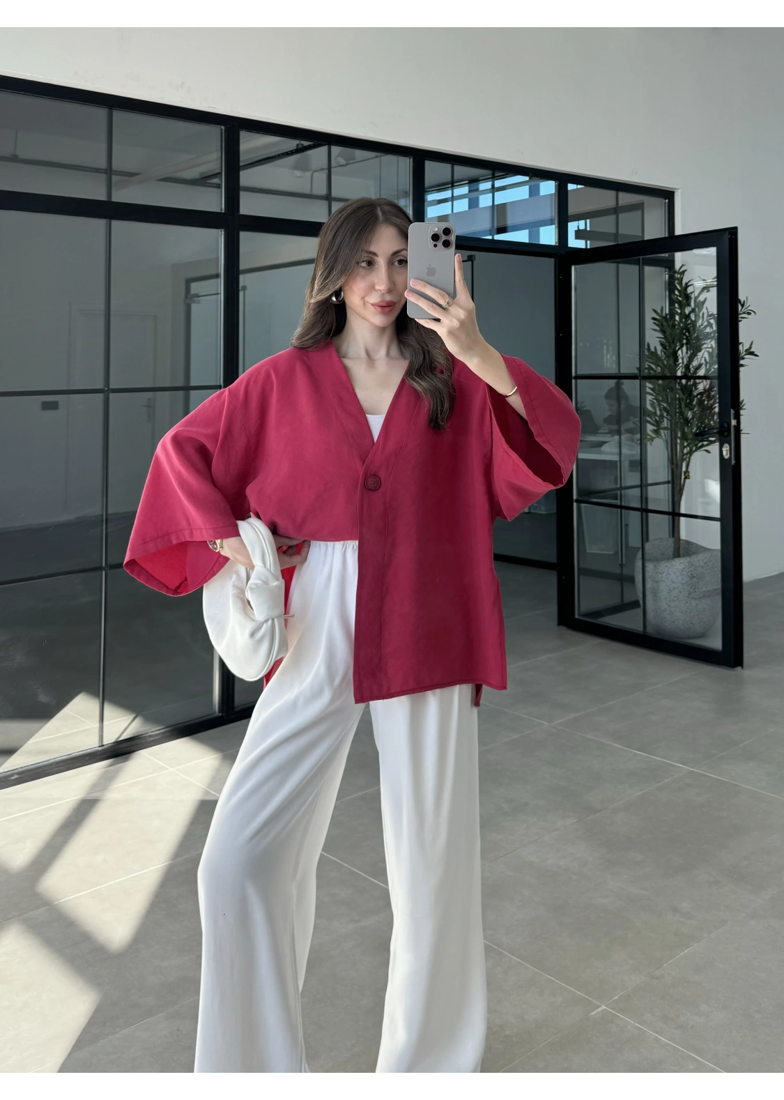 Sofi Tek Düğme Oversize Tensel Kırmızı Gömlek