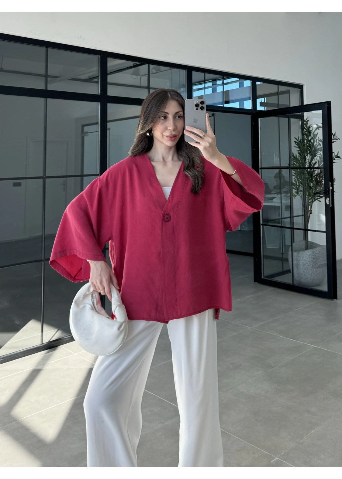 Sofi Tek Düğme Oversize Tensel Kırmızı Gömlek