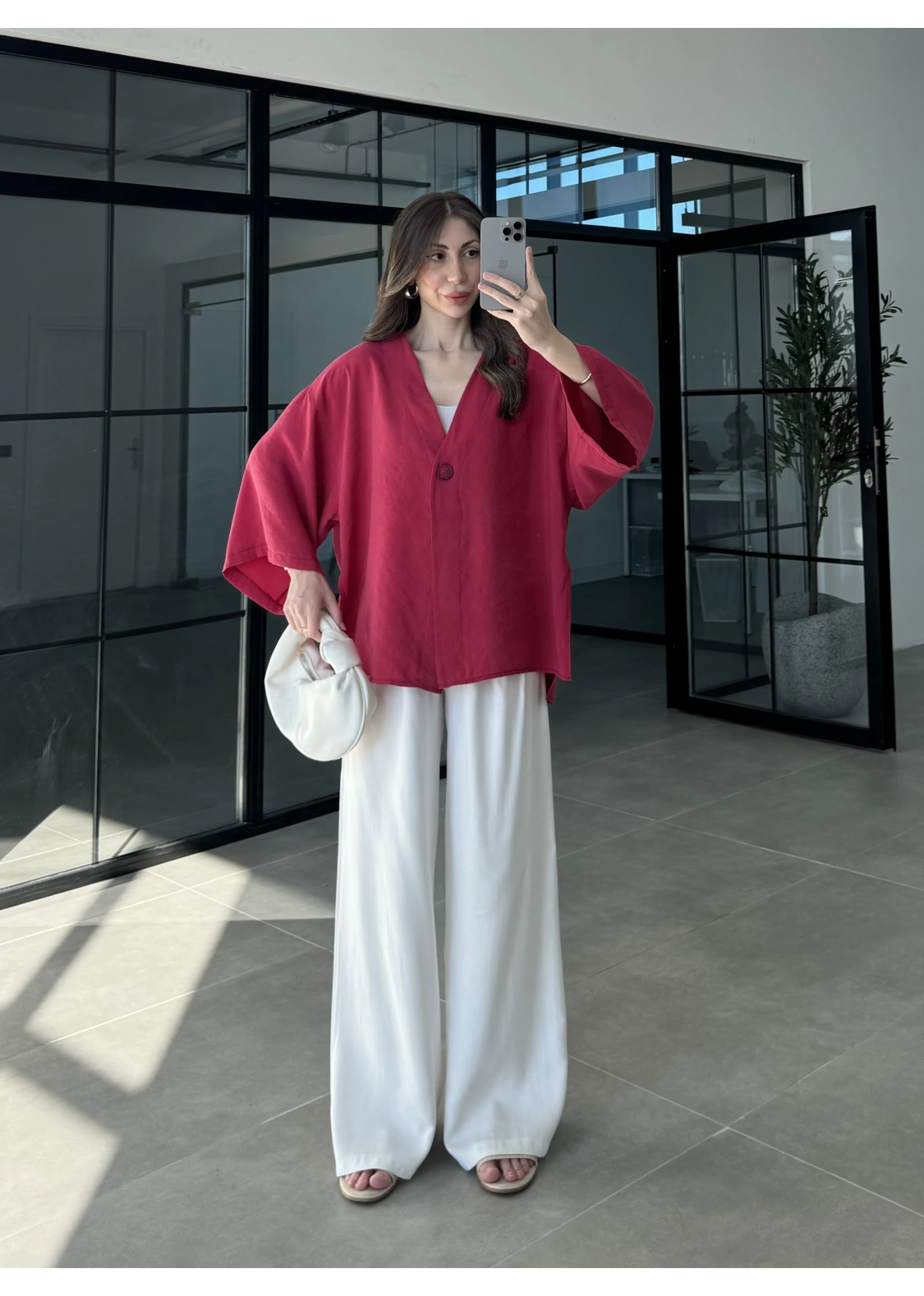 Sofi Tek Düğme Oversize Tensel Kırmızı Gömlek