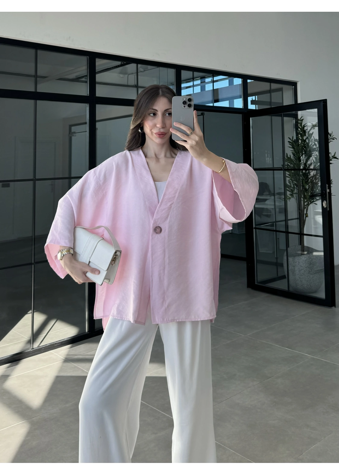 Sofi Tek Düğme Oversize Tensel Pembe Gömlek