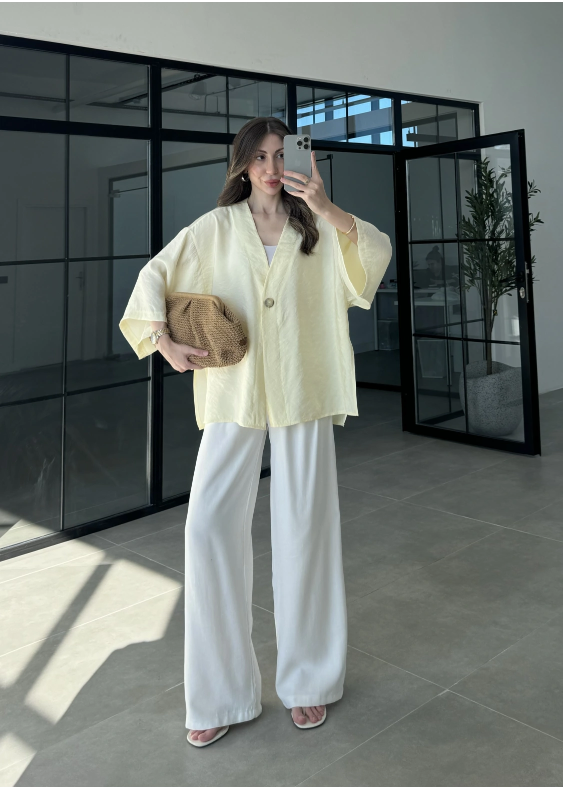 Sofi Tek Düğme Oversize Tensel Sarı Gömlek