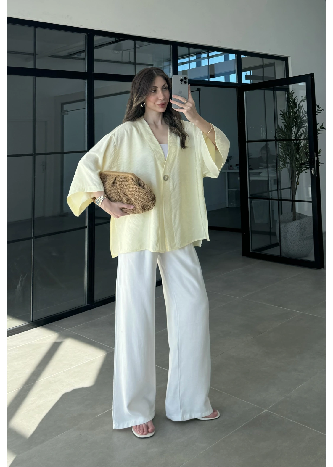 Sofi Tek Düğme Oversize Tensel Sarı Gömlek