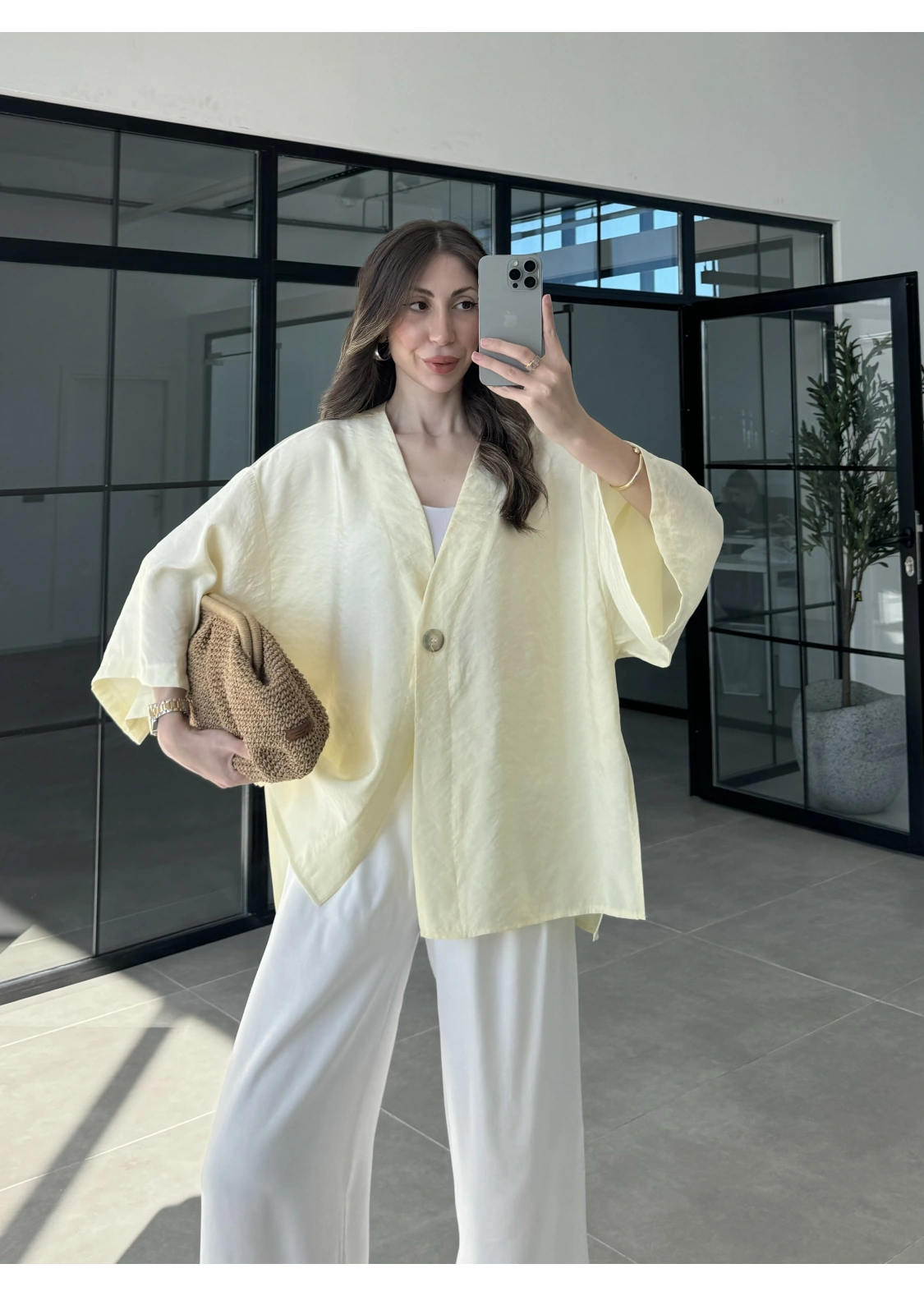 Sofi Tek Düğme Oversize Tensel Sarı Gömlek