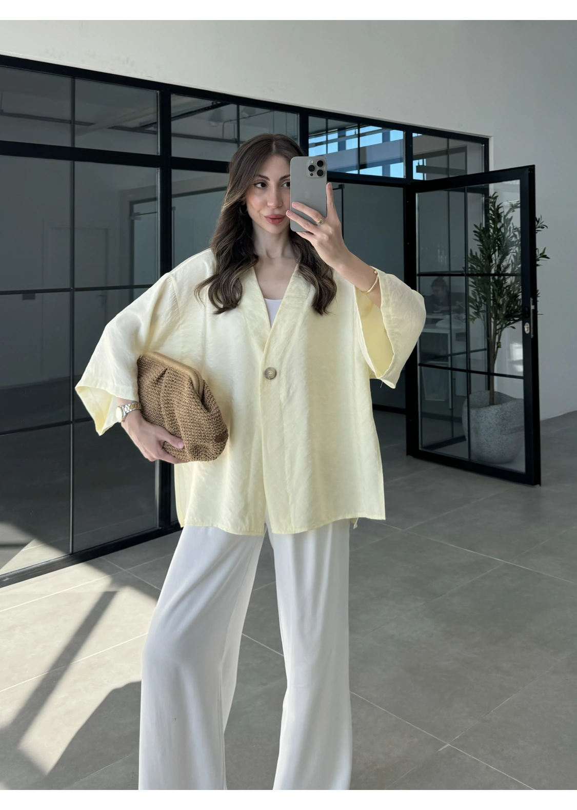 Sofi Tek Düğme Oversize Tensel Sarı Gömlek