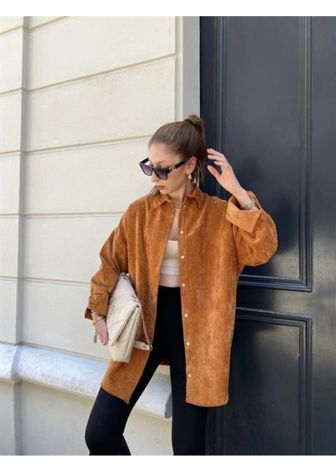 Taba Renk Oversize Kadife Gömlek