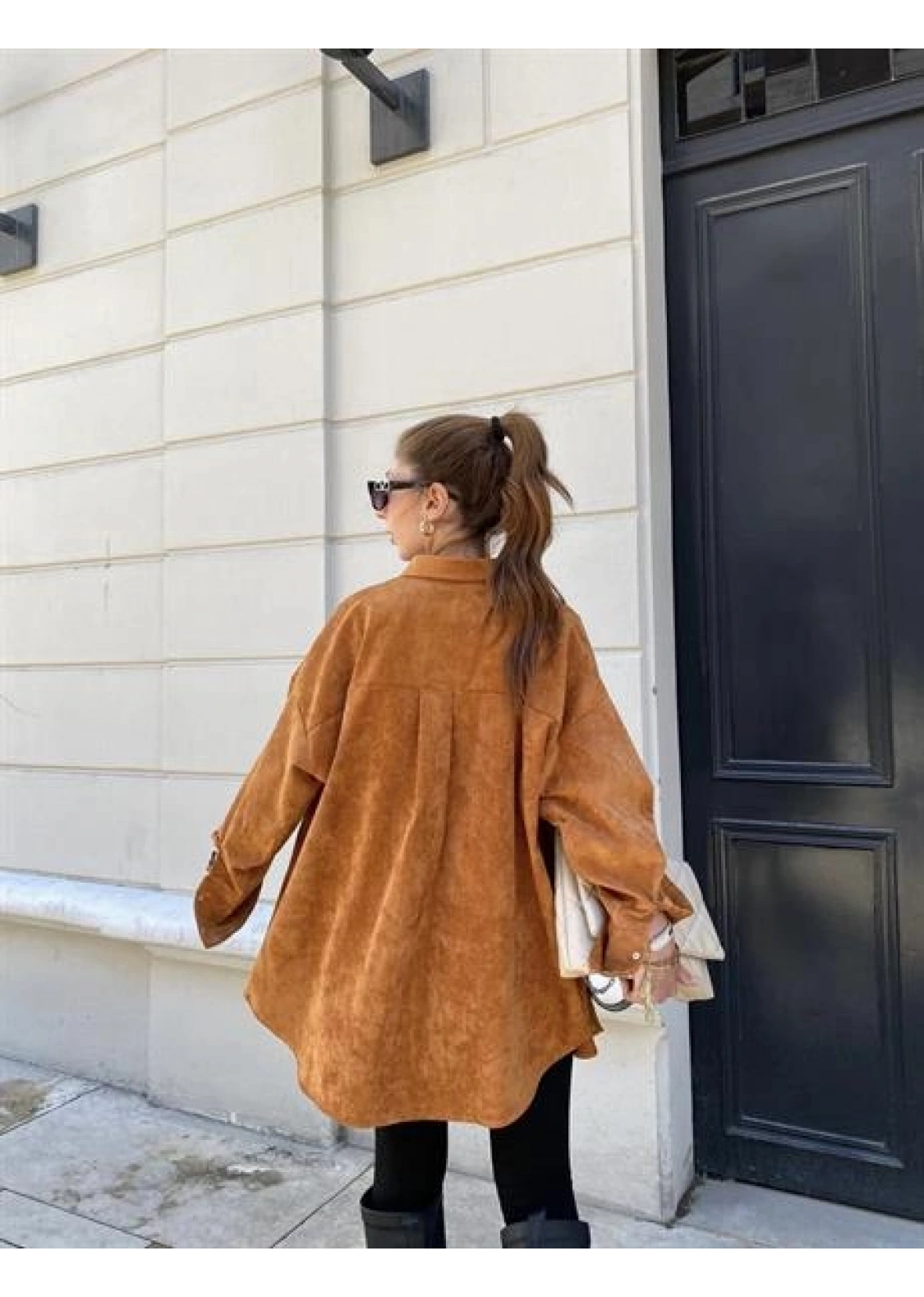 Taba Renk Oversize Kadife Gömlek