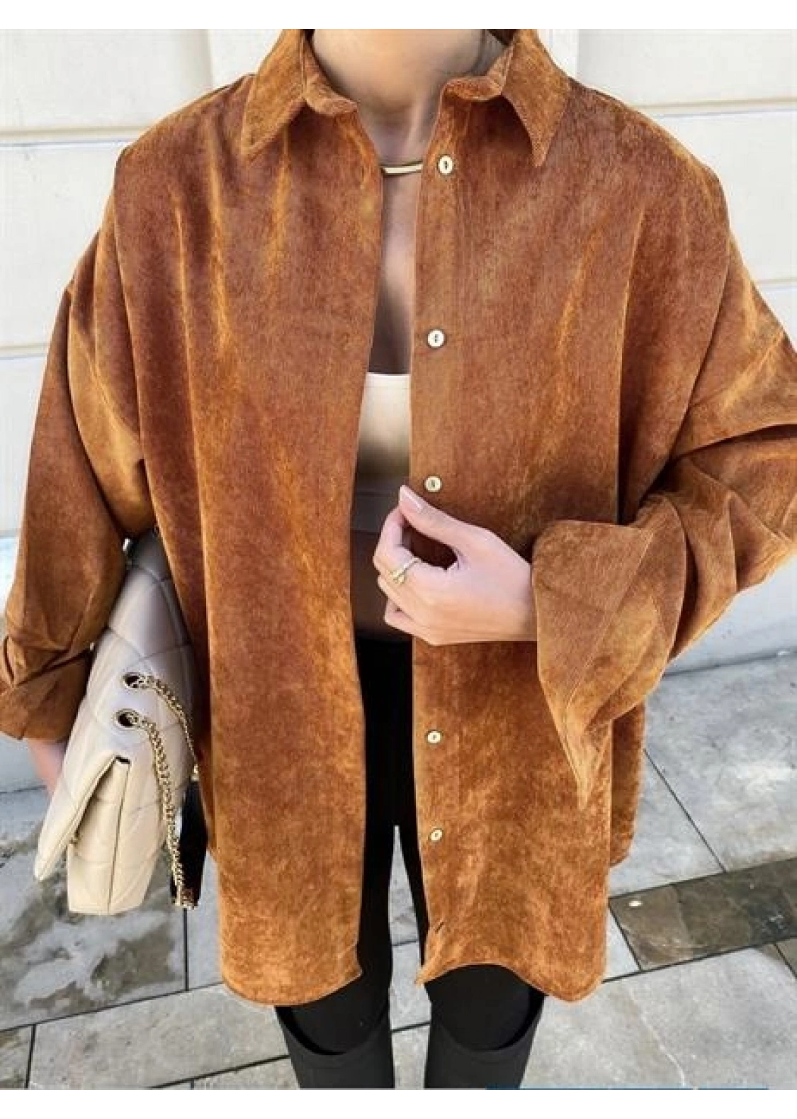 Taba Renk Oversize Kadife Gömlek