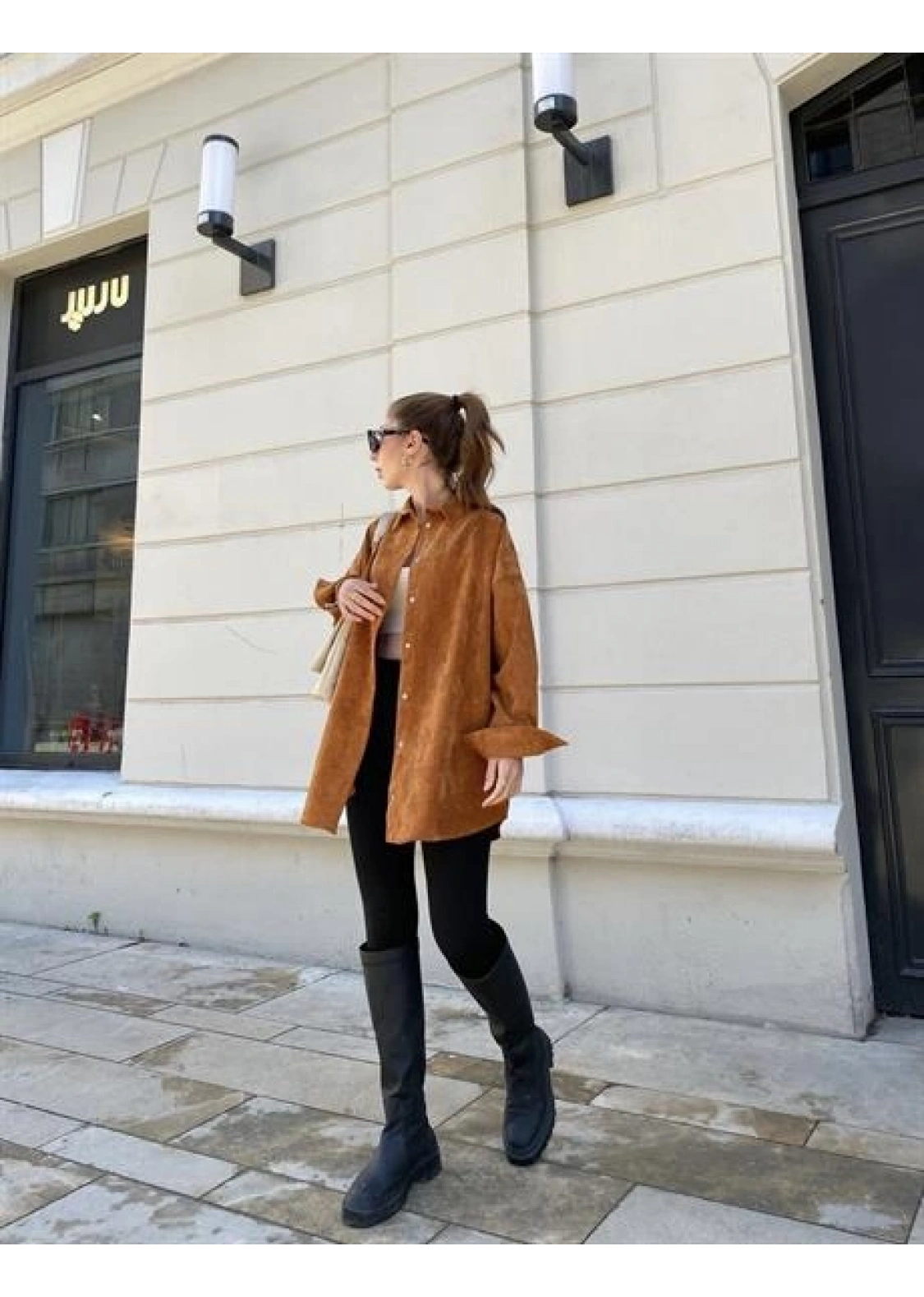 Taba Renk Oversize Kadife Gömlek