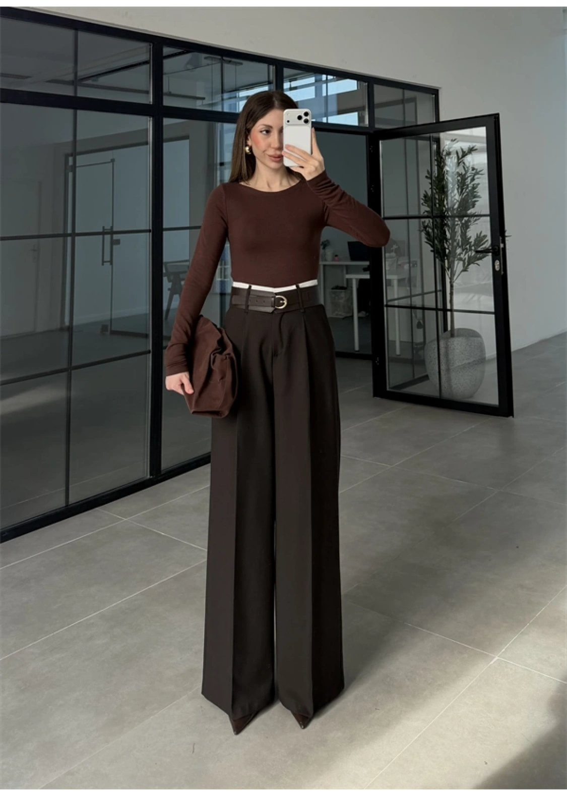 Tasarım Kemerli Vera Acı Kahve Palazzo Pantolon