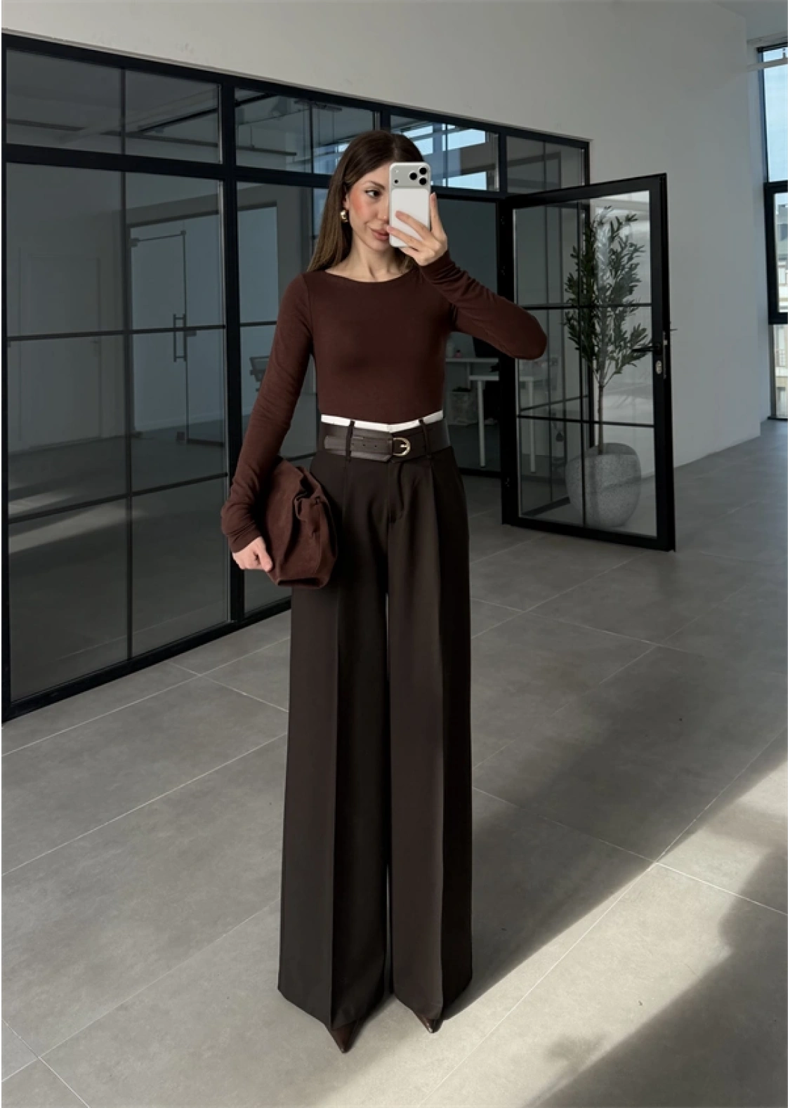 Tasarım Kemerli Vera Acı Kahve Palazzo Pantolon