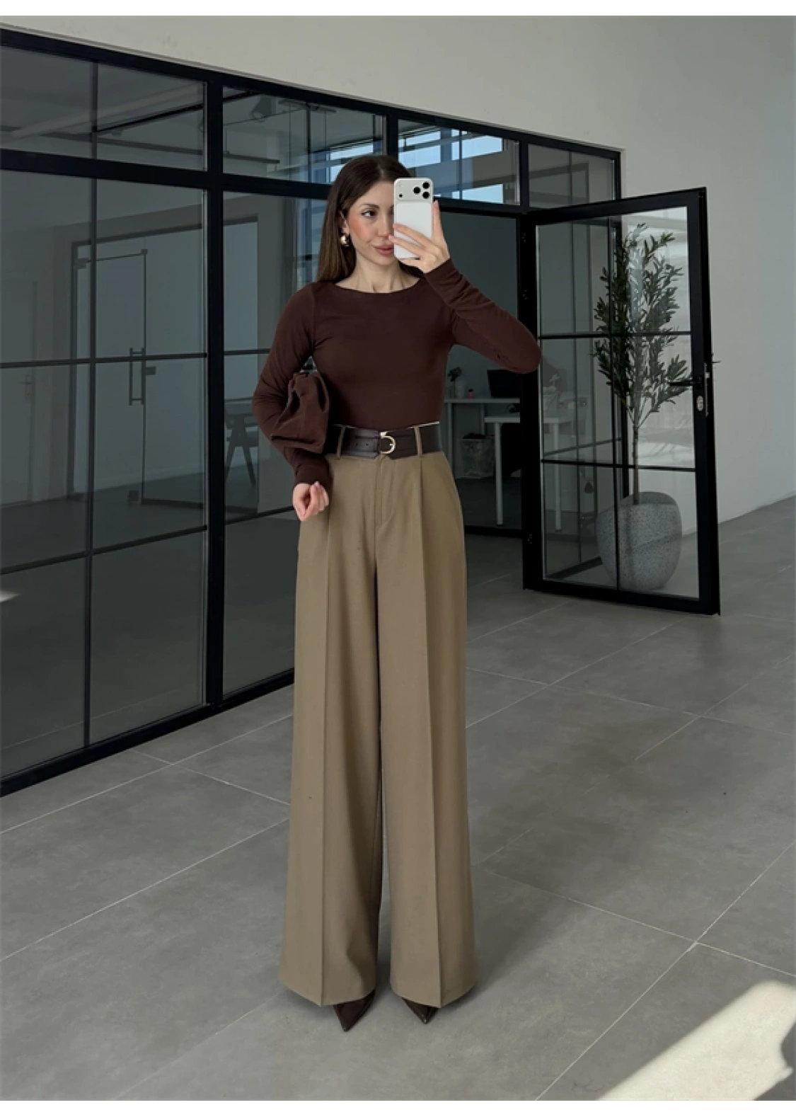Tasarım Kemerli Vera Karamel Palazzo Pantolon