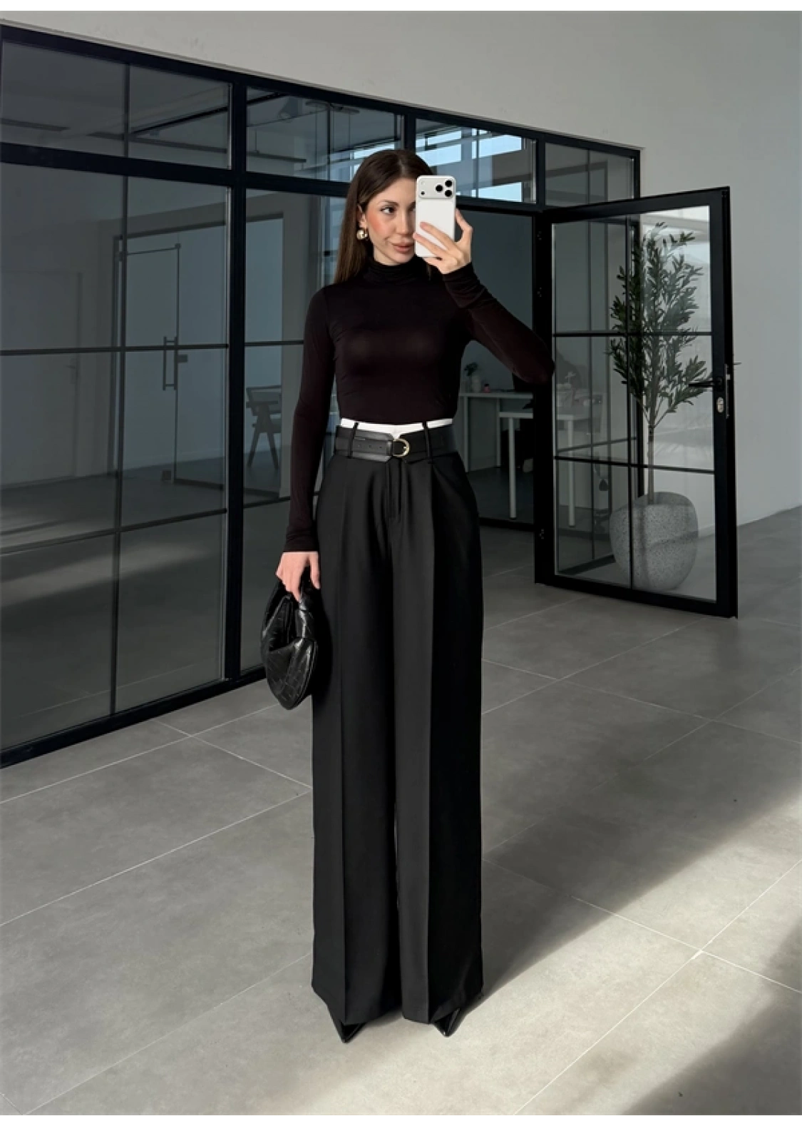 Tasarım Kemerli Vera Siyah Palazzo Pantolon