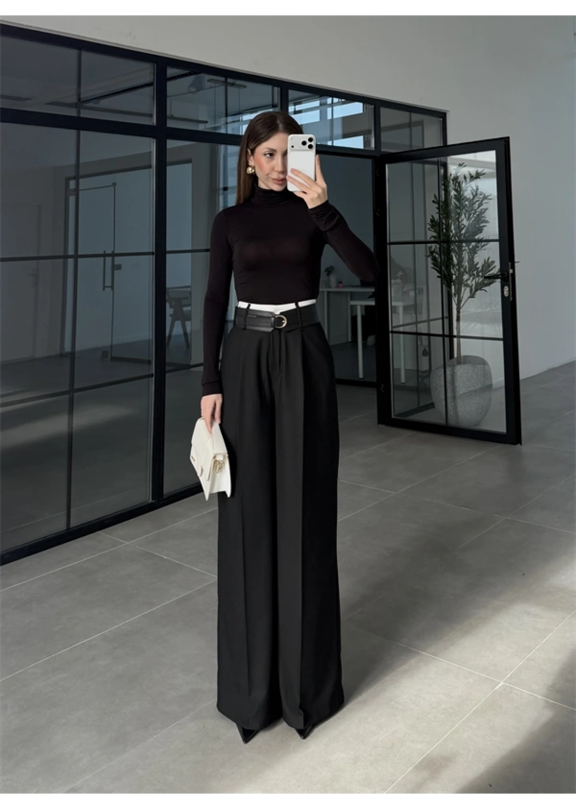 Tasarım Kemerli Vera Siyah Palazzo Pantolon