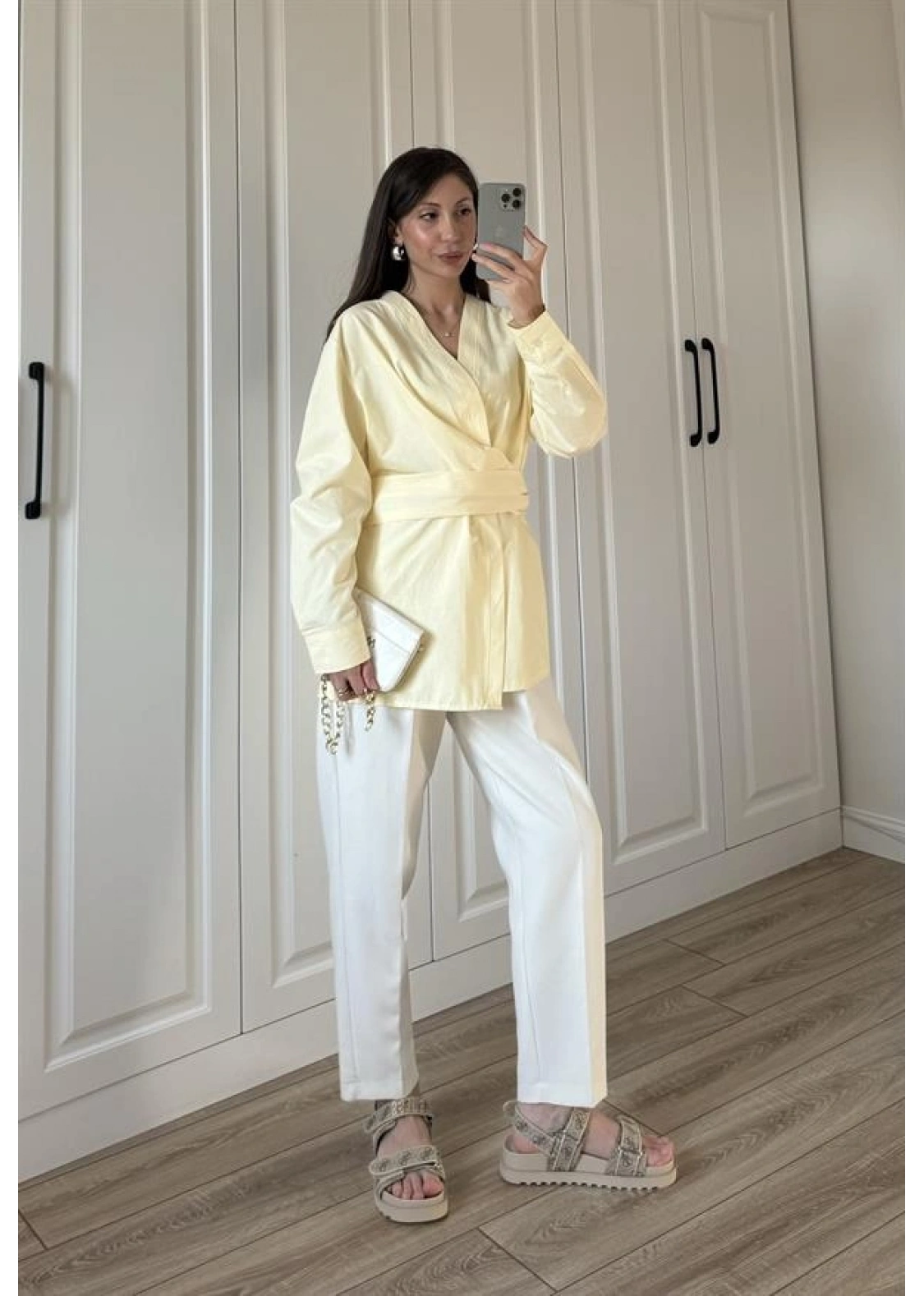 Tasarım Kuşaklı Sarı Kimono Gömlek