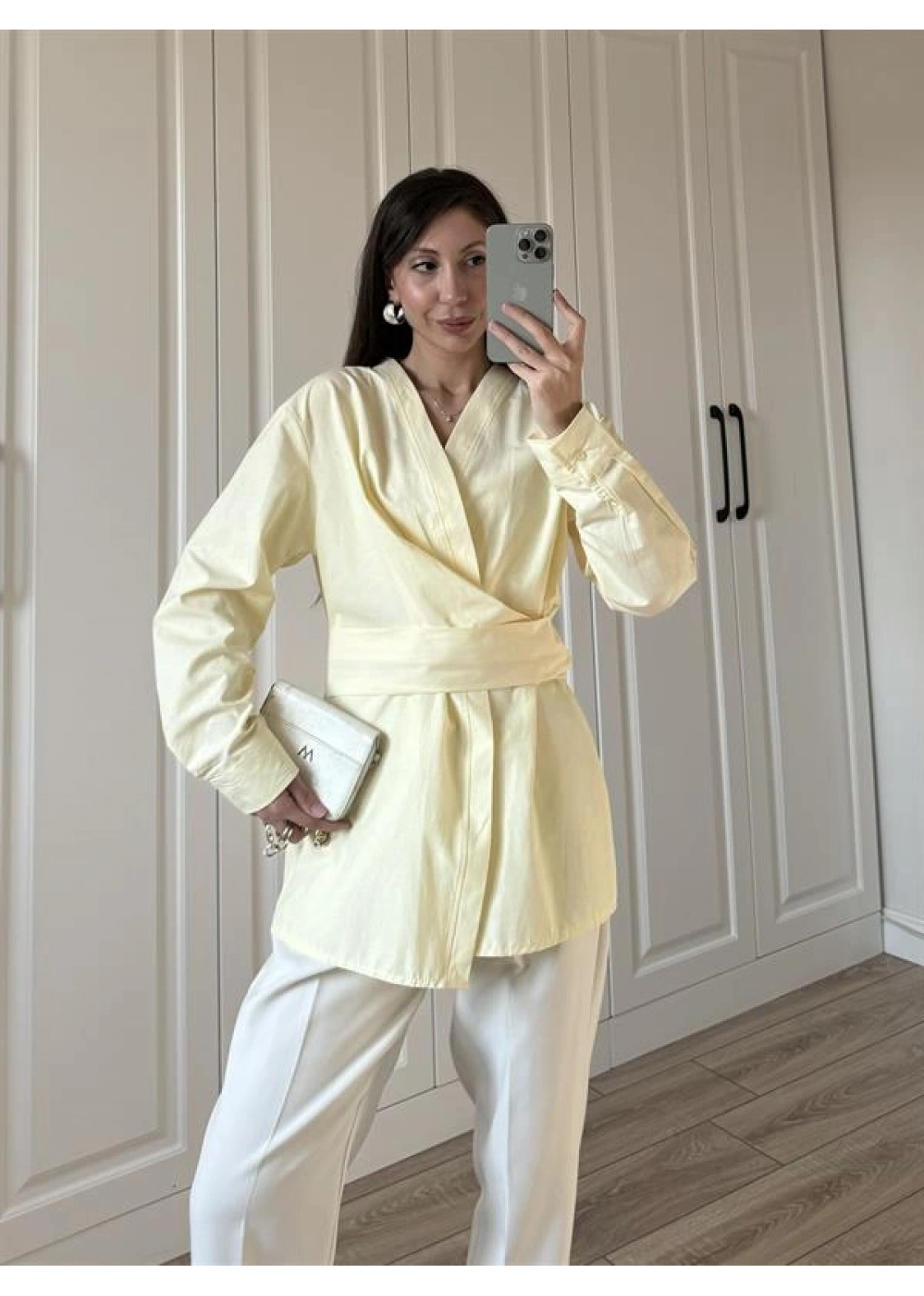 Tasarım Kuşaklı Sarı Kimono Gömlek