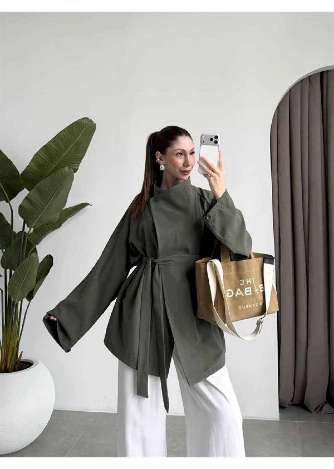 Tek Düğme Kuşaklı Haki Tensel Ceket