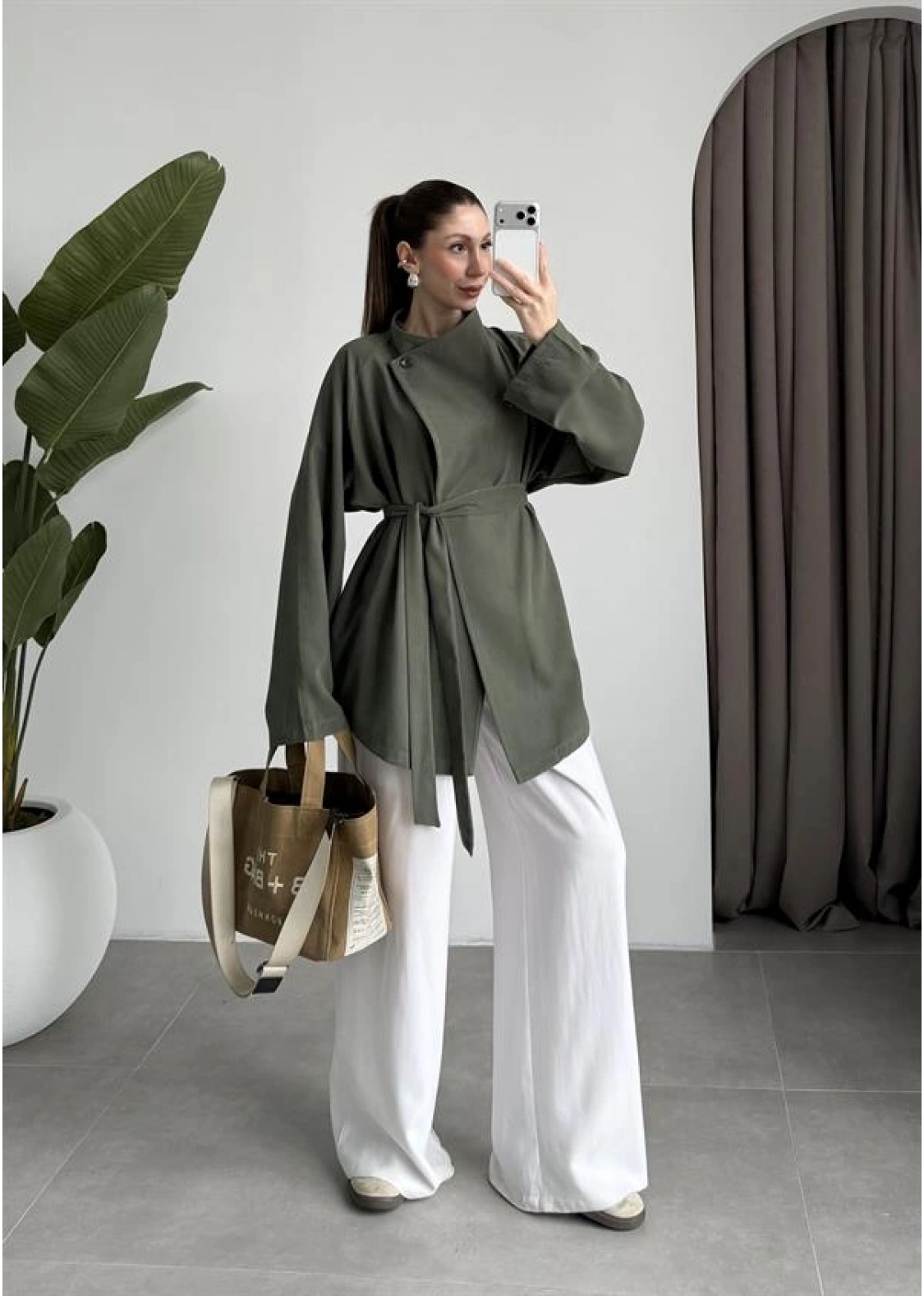 Tek Düğme Kuşaklı Haki Tensel Ceket