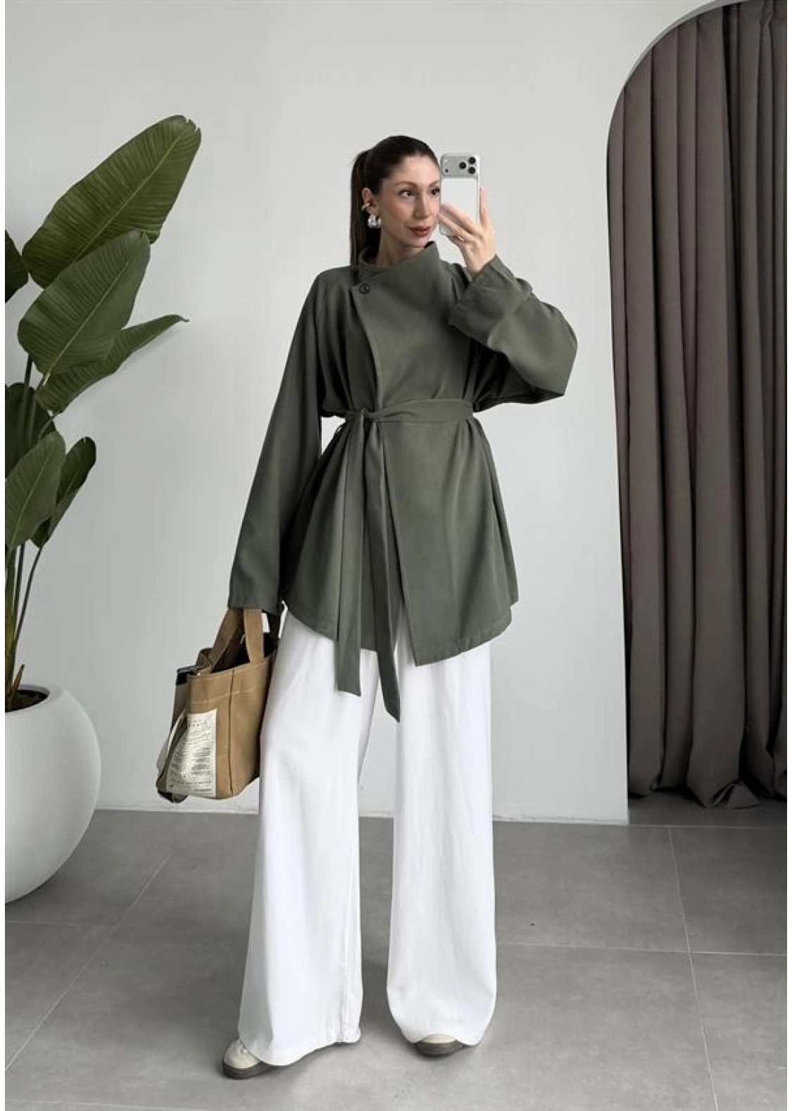 Tek Düğme Kuşaklı Haki Tensel Ceket