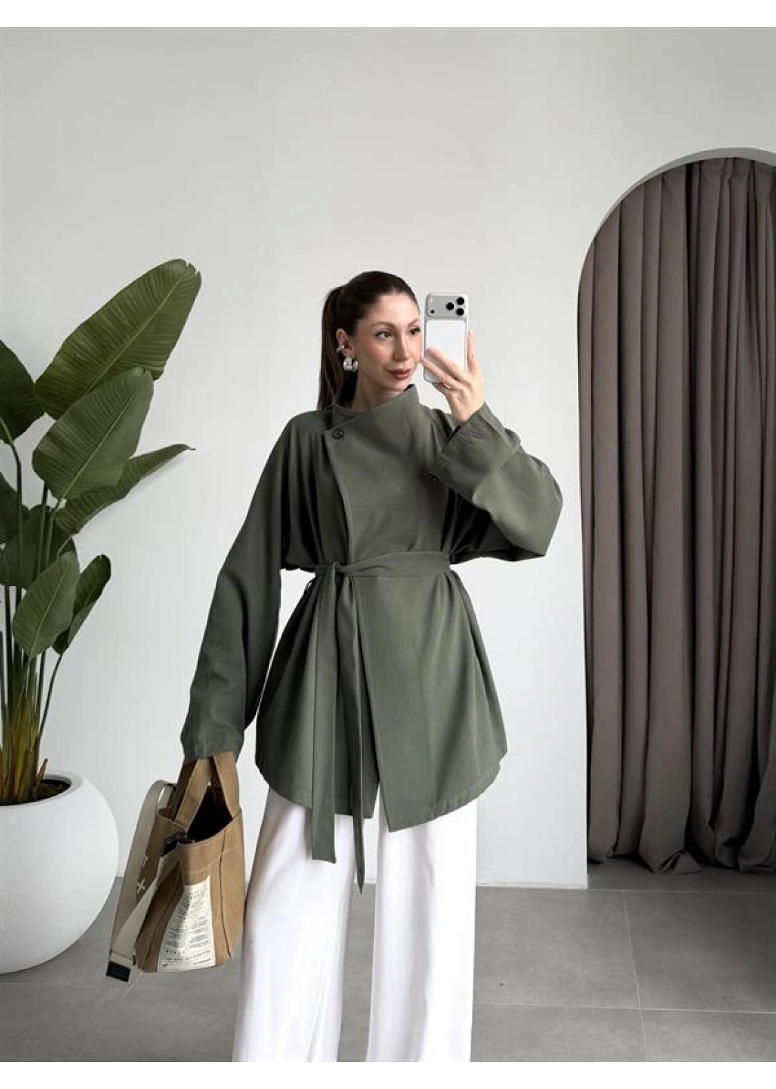 Tek Düğme Kuşaklı Haki Tensel Ceket